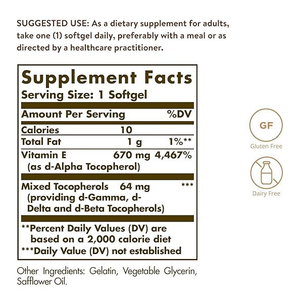 SOLGAR VITAMIN E 670 MG (1000 IU), 100 MIXED SOFTGELS – NATURAL ANTIOXIDANT, SKIN & IMMUNE SYSTEM SUPPORT – NATURALLY-SOURCED VITAMIN E – GLUTEN FREE, DAIRY FREE – 100 SERVINGS