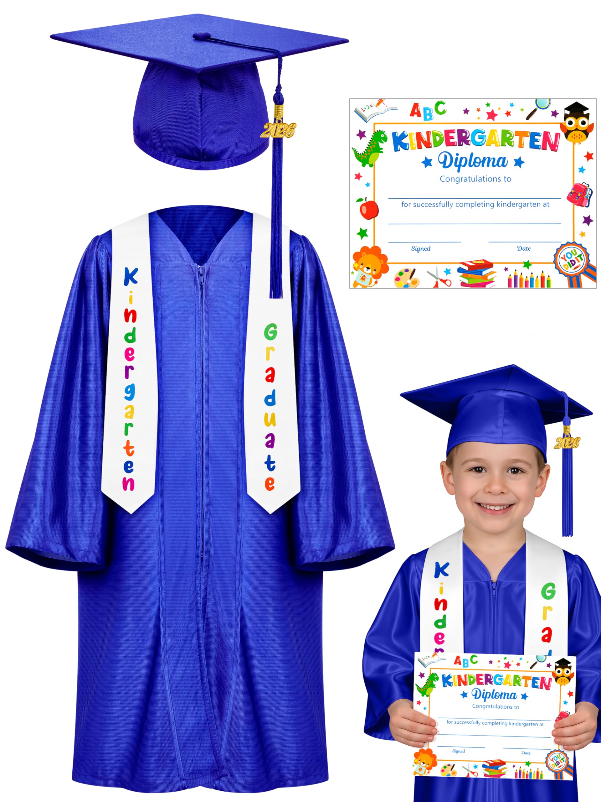 QZYL Kindergarten Graduation Cap and Gown Set, 2025 Kids Graduation Outfit with Tassel and Certificate for Kindergarten