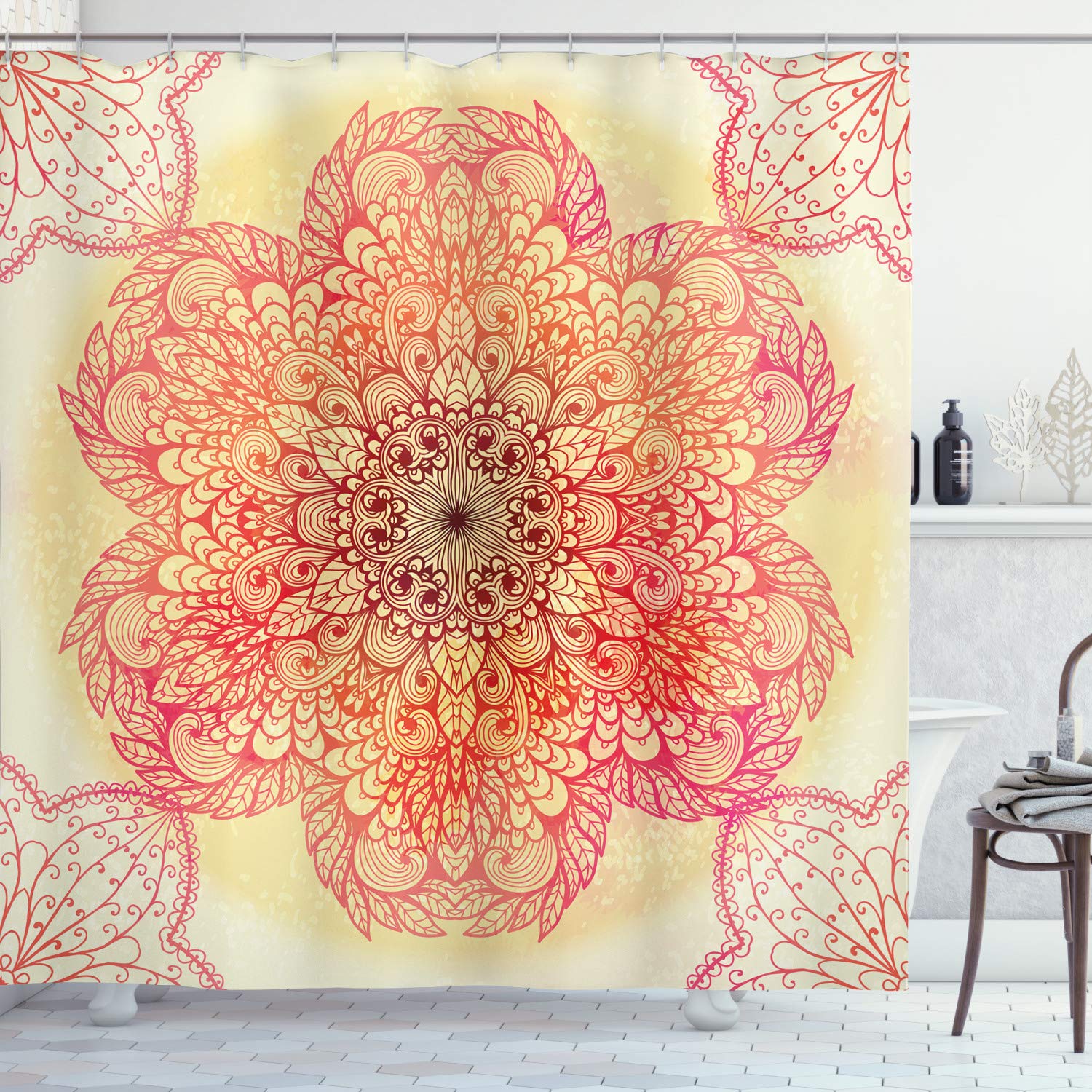 ABAKUHAUS Red Mandala Shower Curtain, Hand Drawn Bloom Swirled Petals Oriental Retro, Cloth Fabric Bathroom Decor Set with Hooks, 70 Inches, Burgundy Yellow Pink