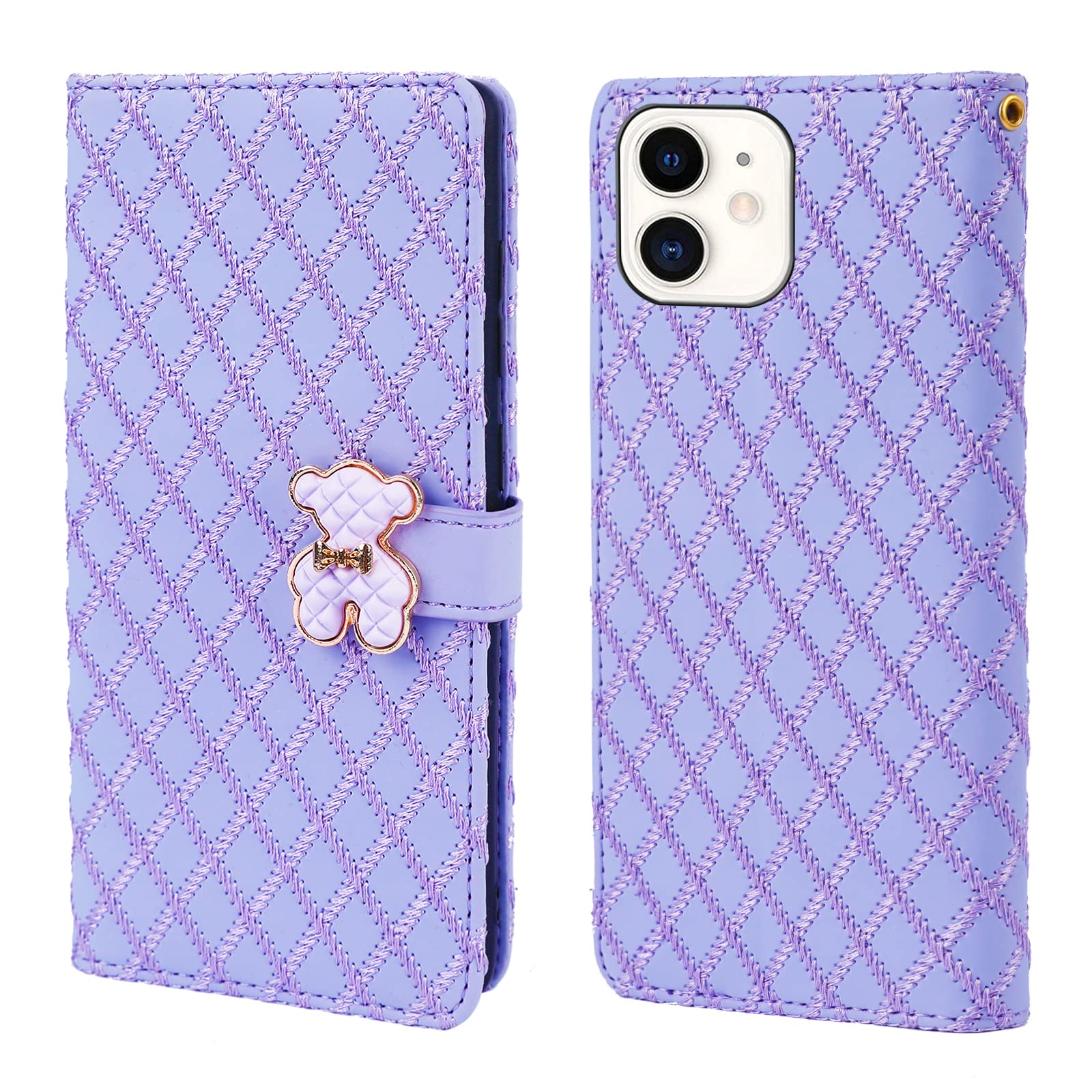 Tiyoo iPhone 11 Flip Case with Wallet, 3D Metal Bear Magnetic Closure, Support Stand and Card Slots, PU Leather with Quilting Embroidery Process (Purple)