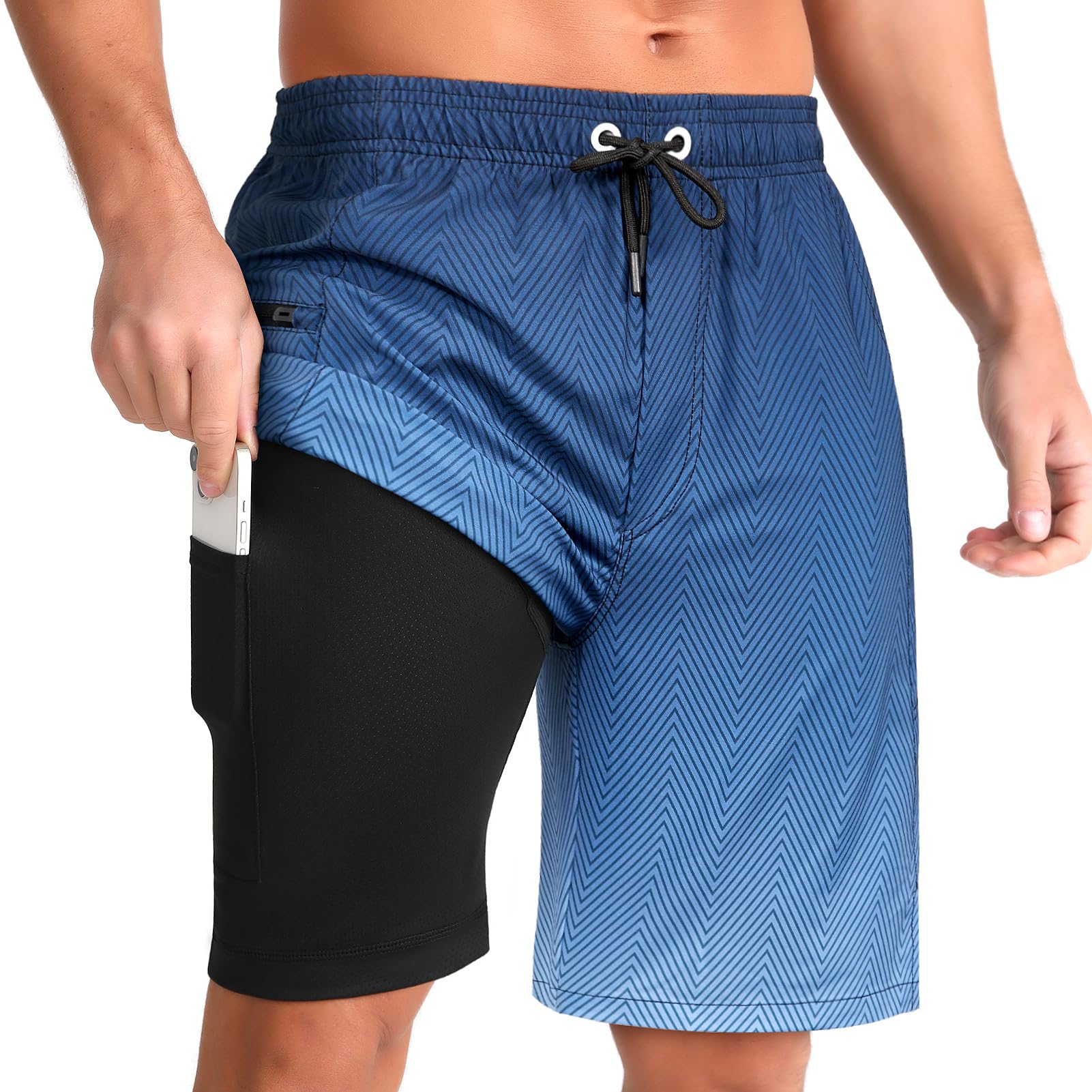 Photo 1 of zeetoo Mens Swim Trunks with Compression Liner 9" Inseam Quick Dry Swim Shorts with Zipper Pockets Bathing Suit Gradient-darkblue XL