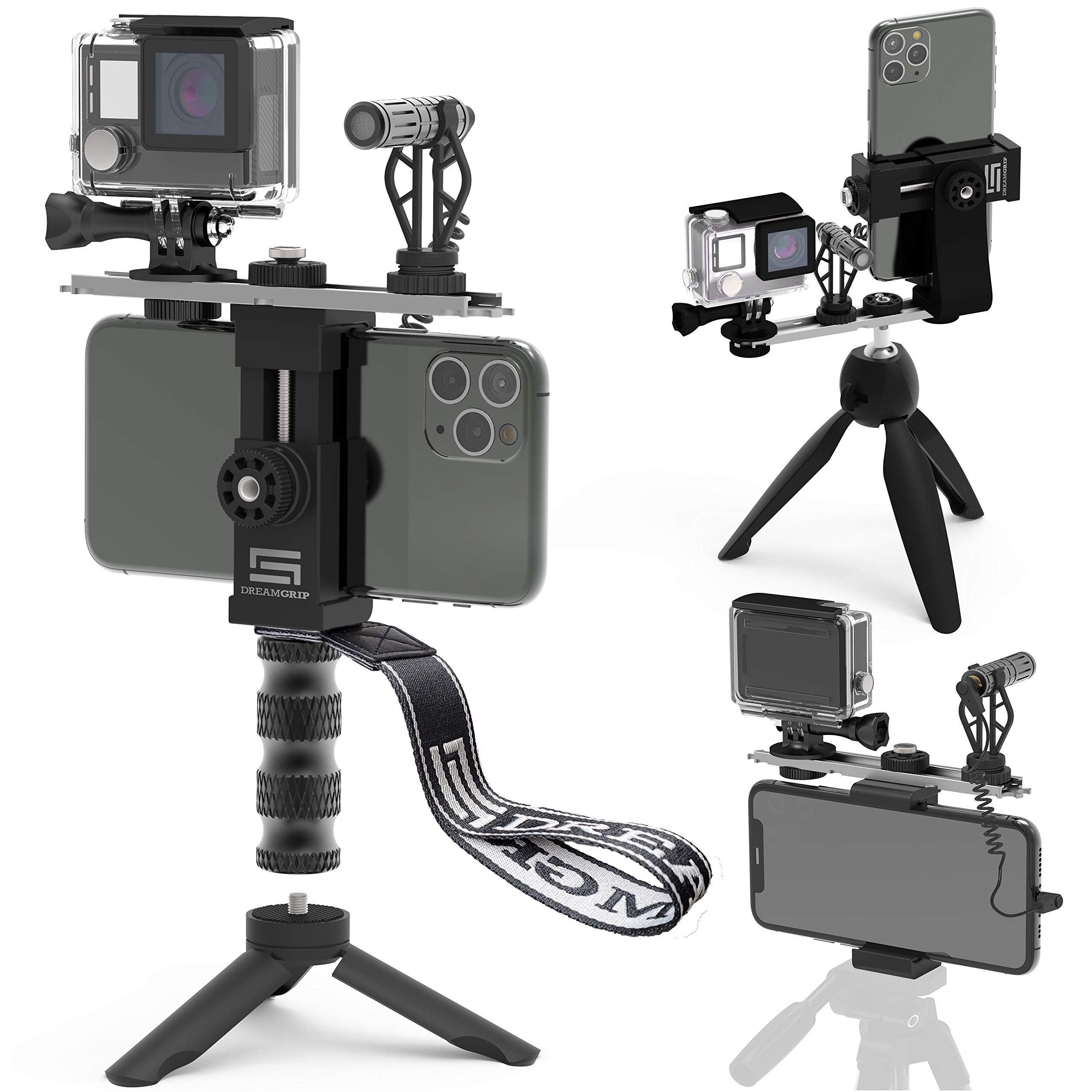 Video Rig for Vertical/Horizontal Shooting DREAMGRIP SCOUT VL with Directional Minigun mic, Lavalier Lapel Microphone, Best YouTube Starter kit compatible with iPhone, Samsung, and any other phone