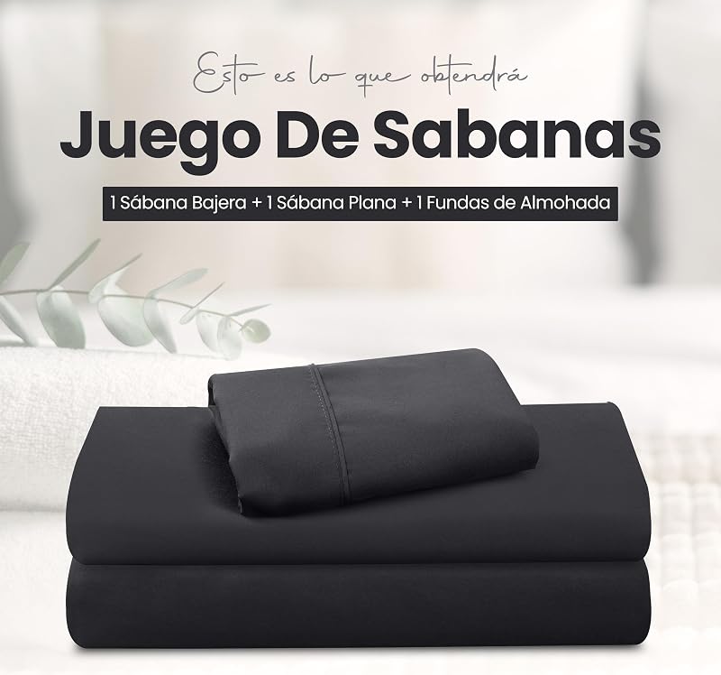 Juego de Sabanas 3 Piezas, 90x190cm, Negro