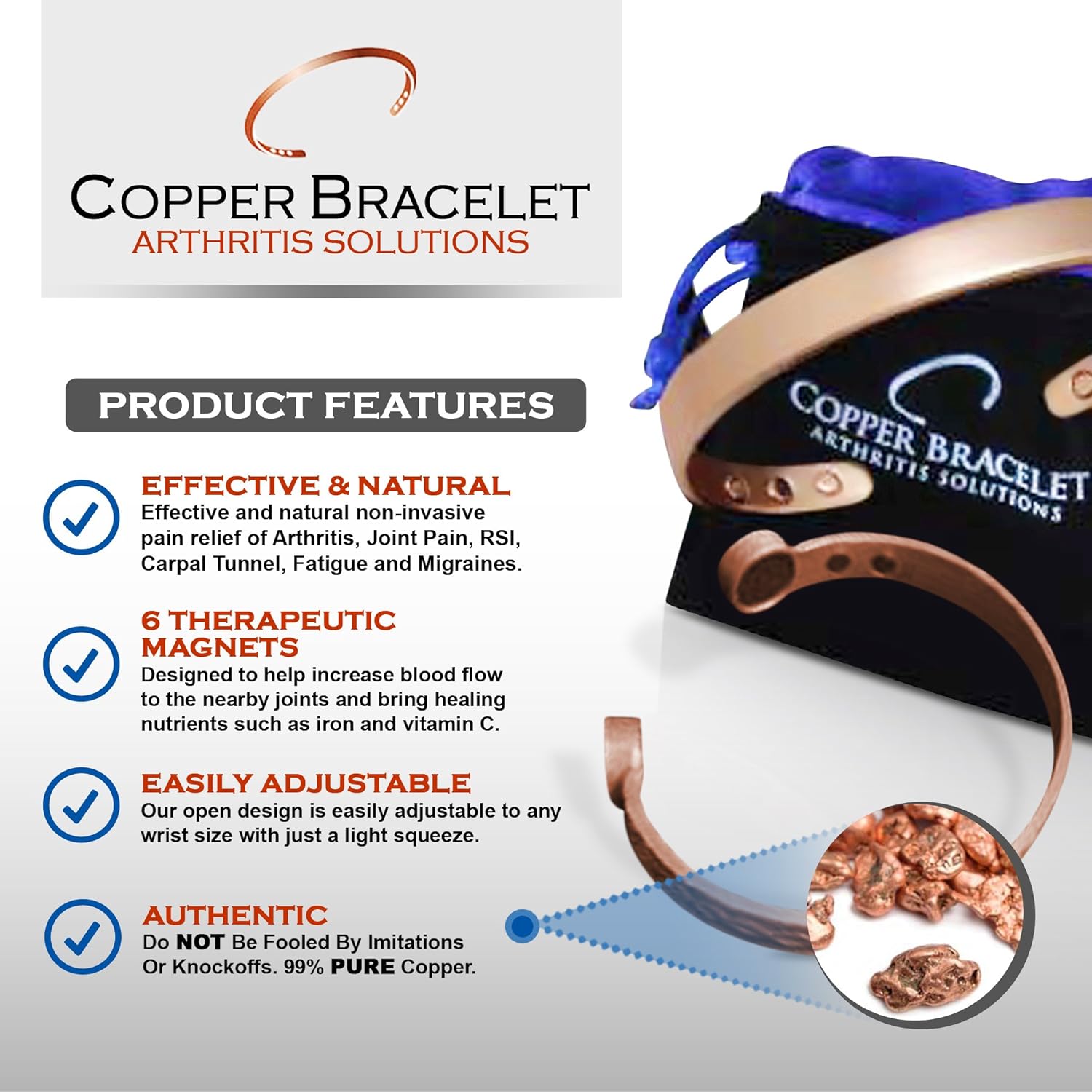 Copper Bracelet for Arthritis - Guaranteed 99.9% Pure Copper Magnetic Bracelet Men + Women 6 Powerful Magnets Effective Natural Joint Pain Relief, Arthritis, RSI, Carpal Tunnel. (1 Bracelet): Clothing