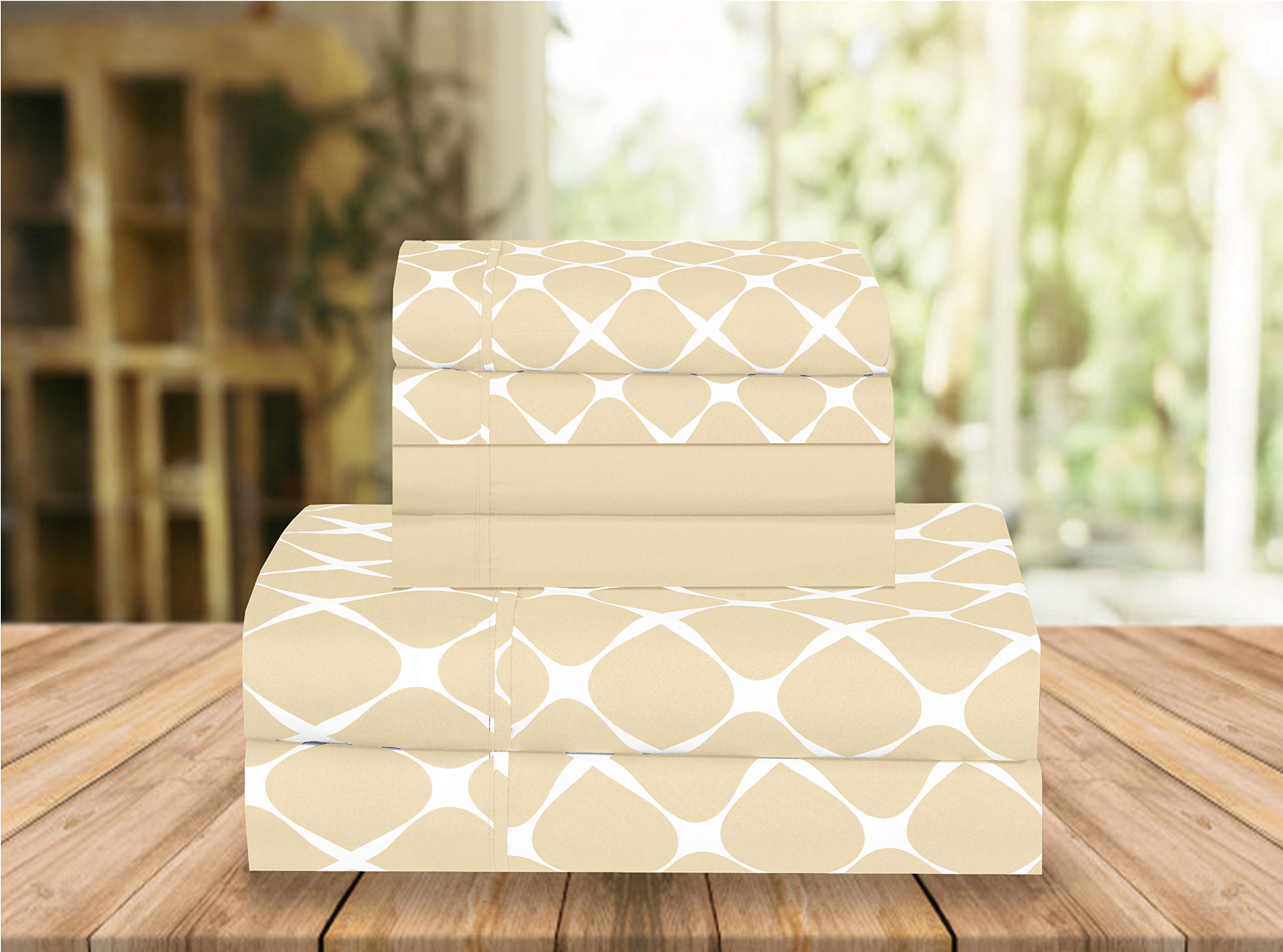 Elegant Comfort Luxury Soft Bed Sheets Bloomingdale Pattern 1500 Thread Count Percale Egyptian Quality Softness Wrinkle and Fade Resistant (6-Piece) Bedding Set, Queen, Linen Cream