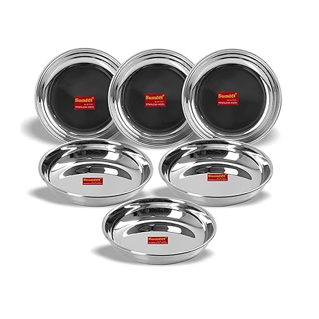 Sumeet Stainless Steel Heavy Gauge Small Halwa Plates with Mirror Finish 11cm Dia - Set of 6pc