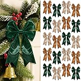 Glitinsel 20 Pcs Vintage Velvet Bows for Christmas Tree 5 x 7 Inch Green Christmas Premade Bow with Twist Tie Wide Xmas Khaki Brown Bow Ornament for Cabinet Wreath Banister Home Door Party Decoration