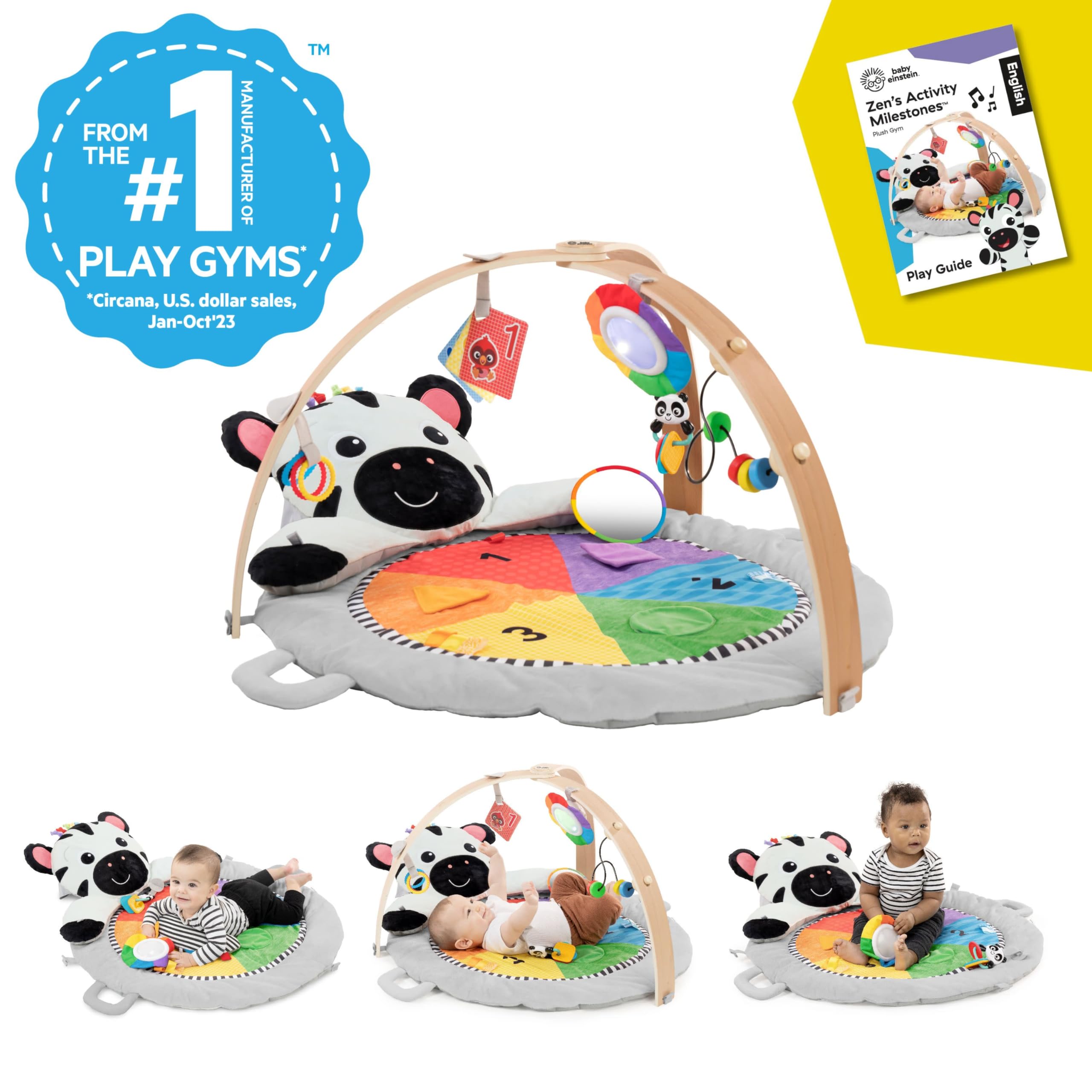 Baby Einstein Zen's Activity Milestones Plush Gym with Wooden Bar, for Infant to Toddler, 0-12 Months, Machine Washable