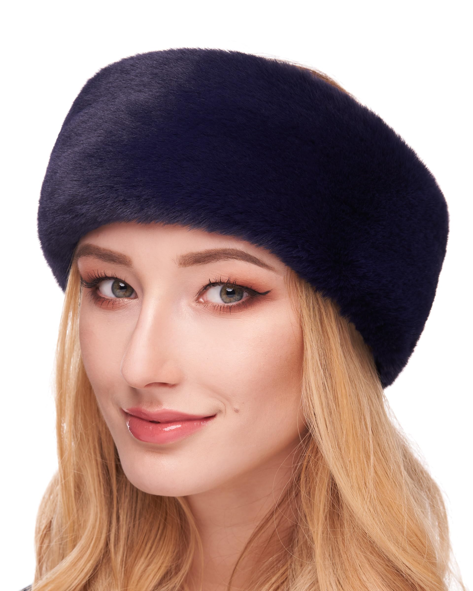 Futrzane Modern Headband - Ladies Winter Fur Headbands - Soft Russian Ear Warmer - Size XS (Navy Blue Modern)
