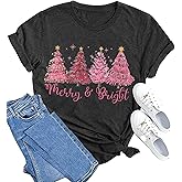 hcihgzr Christmas Shirts for Women Merry and Bright Christmas Shirt Xmas Tree Graphic Holiday T-Shirt Tops