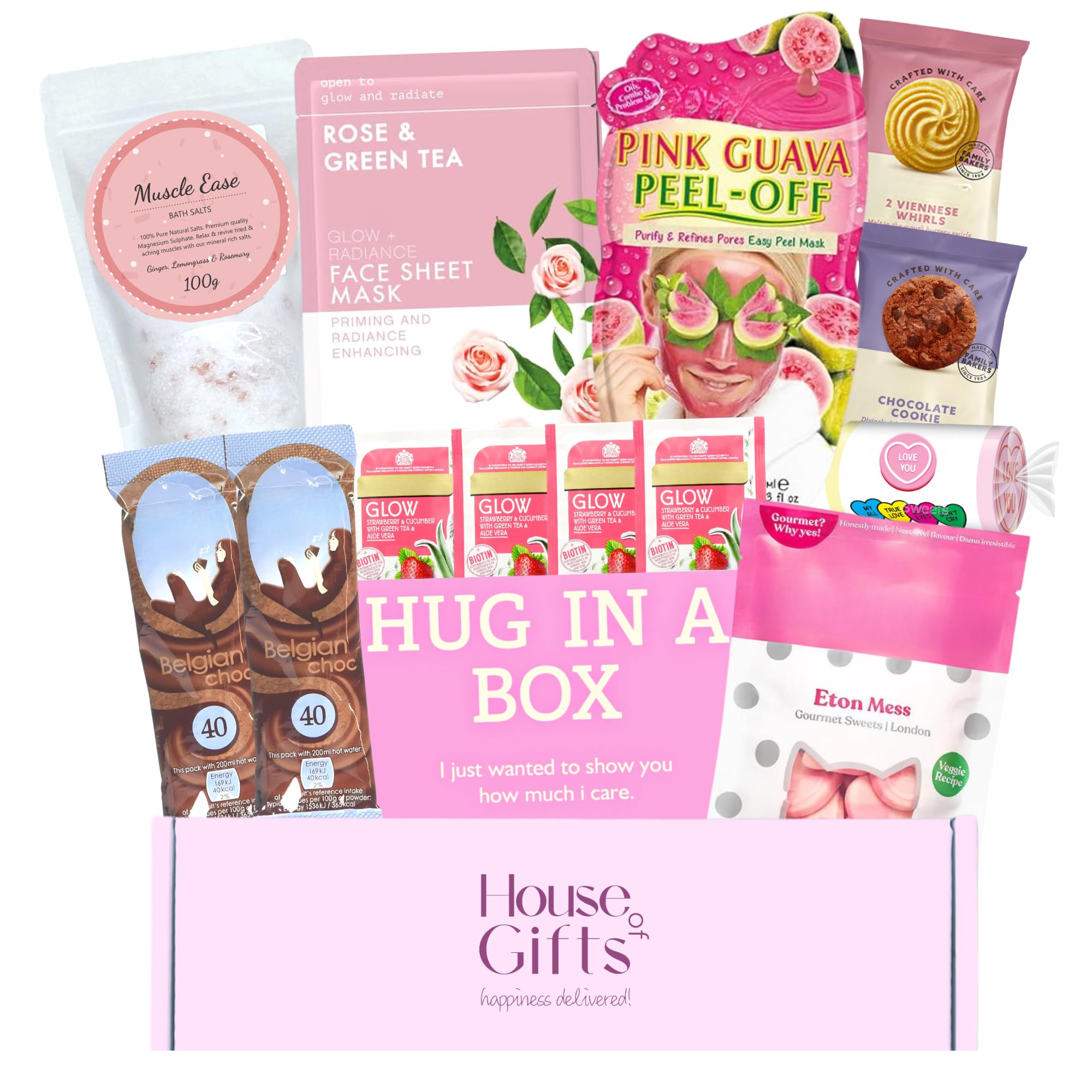 Hug In a Box Care Package For Her | Pamper Gift Set for Women with Bath Salts, Face Mask, Chocolate and much more! Get Well Soon Gift | Great Gift for a Pampered Mum