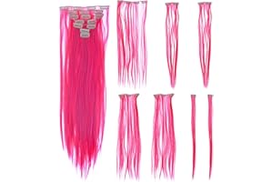 SWACC 7 Pcs Full Head Party Highlights Clip on in Hair Extensions Colored Hair Streak Synthetic Hairpieces (22-Inch Straight, Hot Pink)