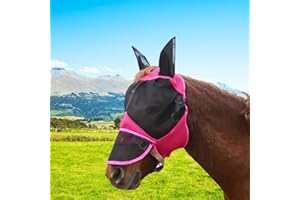 Horse Fly Mask-Full Face with Long Nose and Ears | UV Protection and Breathable Design | Suitable for Most Horses（Magenta）