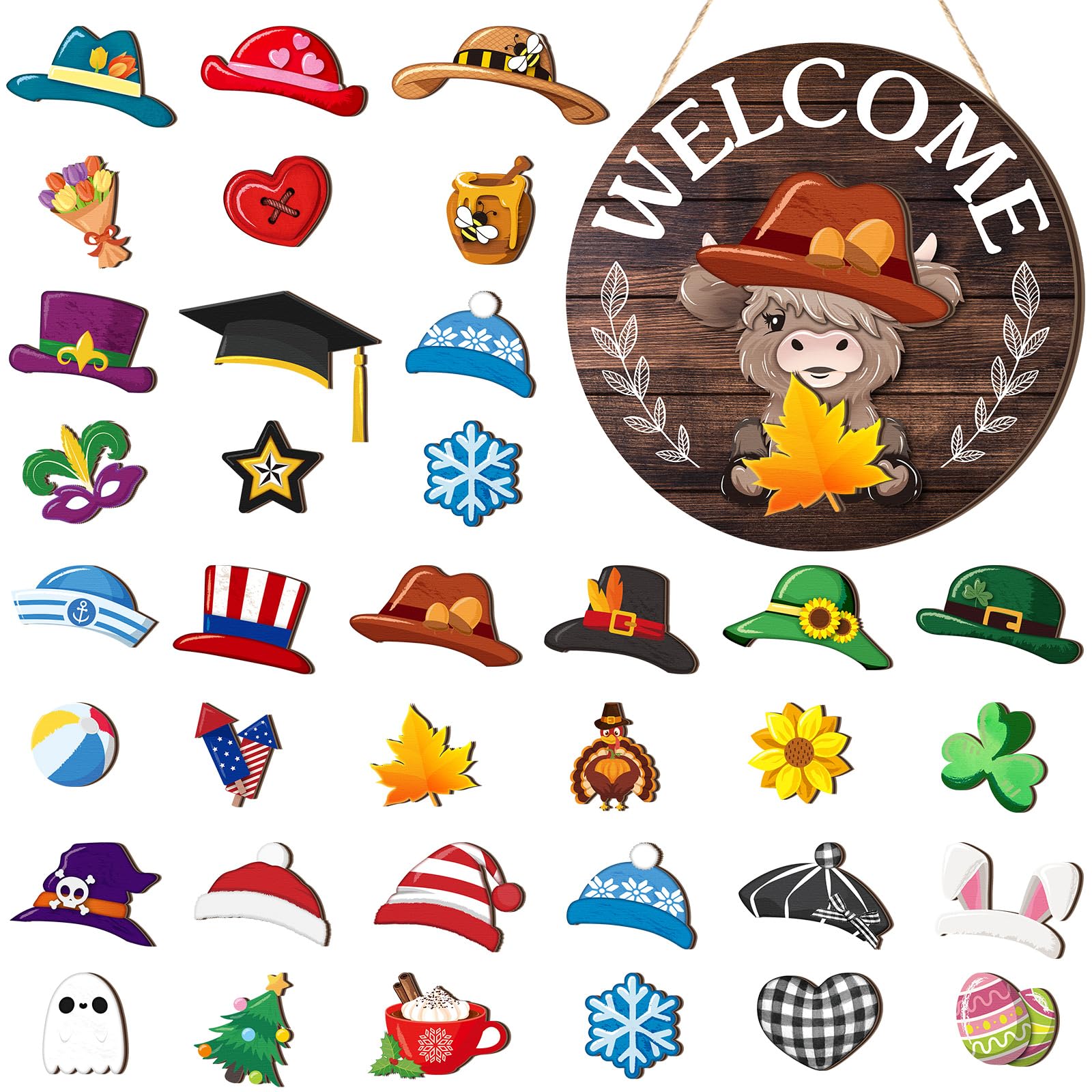 Photo 1 of Vicenpal 35 Pcs Interchangeable Highlands Cow Welcome Sign Hanging Seasonal Cow Head Wooden Front Door Decor with 17 Interchangeable Hat 17 Magnet Swappable Pieces for Farmhouse Holiday(Colorful)