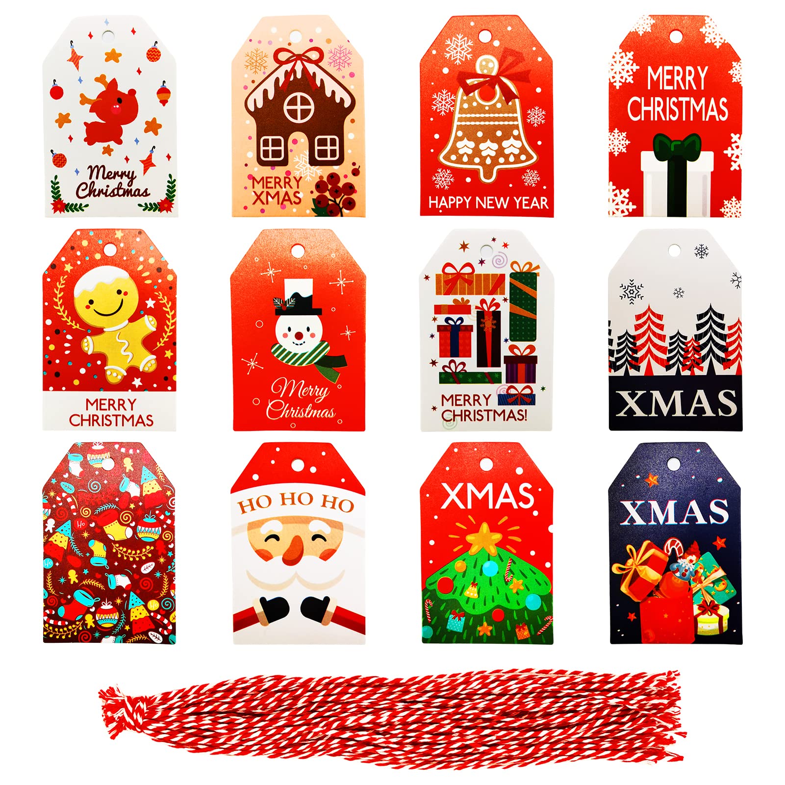 XINDY 48pcs Christmas Tags for Present Xmas Gift Tags Colorful Kraft Paper Tag Hanging Labels with String for Gift Christmas Wrapping Decoration Accessories