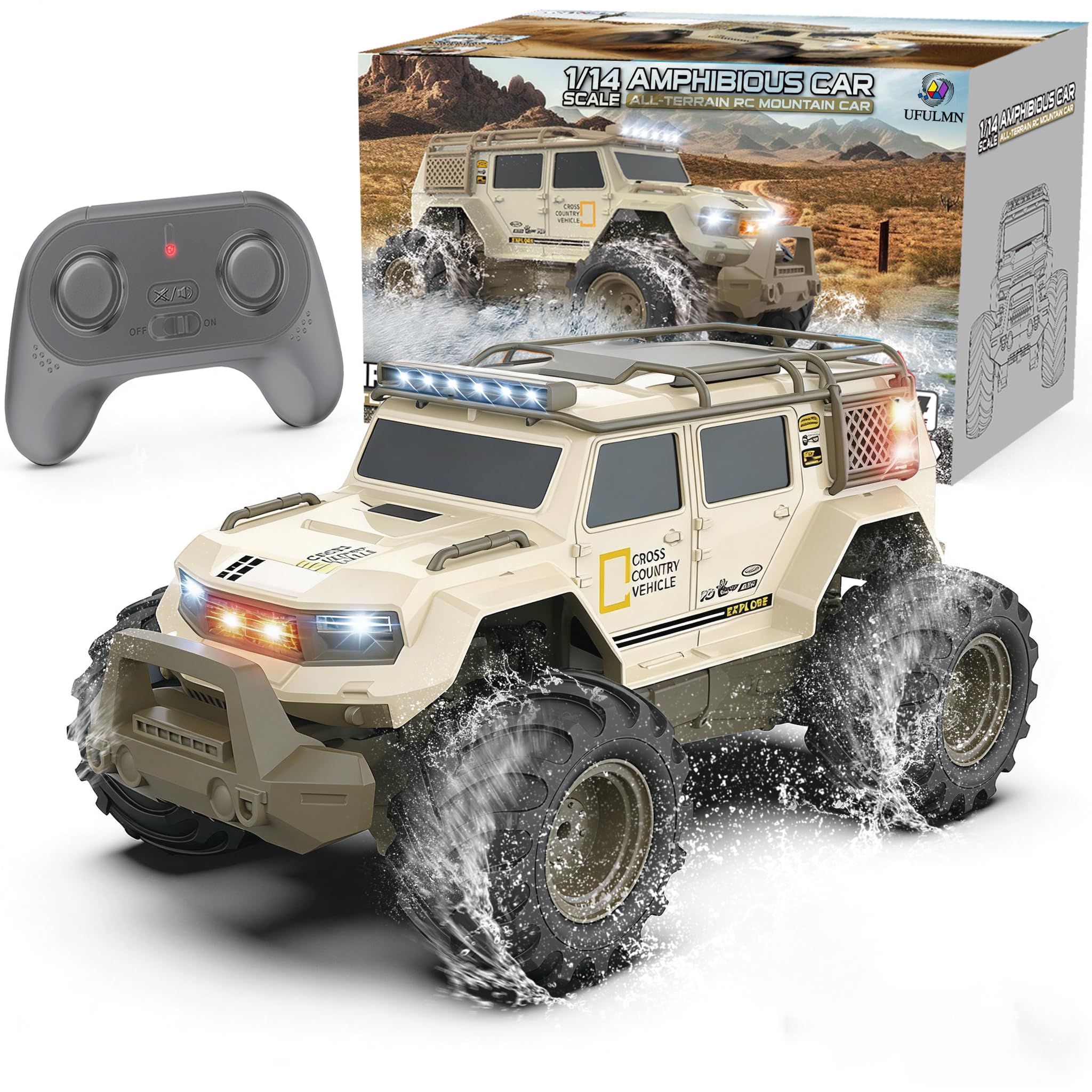 UFULMN Amphibious Remote Control Car 1:14 with 2 Rechargeable Batteries, 4WD Electric Vehicle for Boys Age 8-12, Offroad Waterproof RC Truck All Terrain RC Drift Cars Beach Pool Toys Gifts for Kids