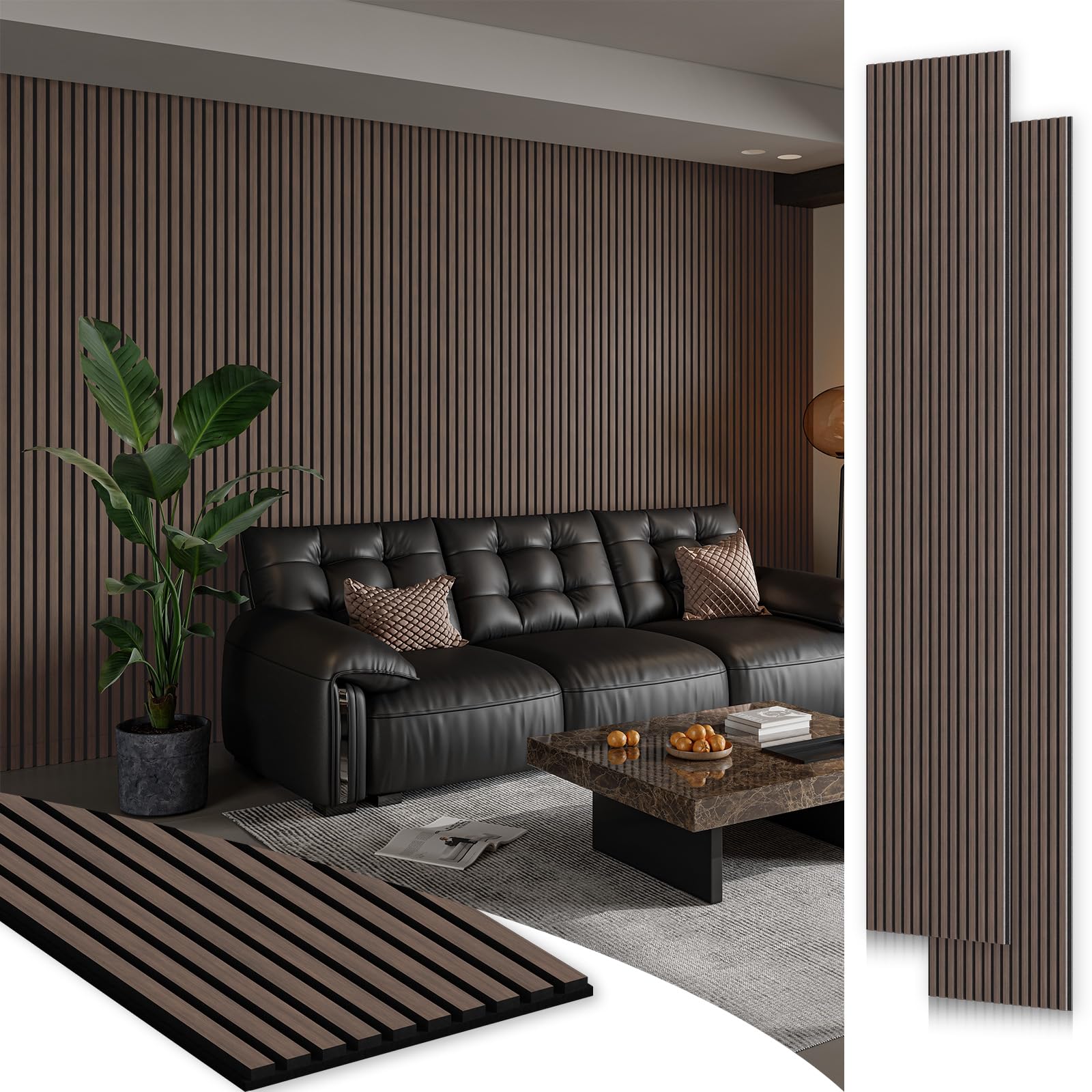 Photo 1 of ***FACTORY SEALED*** Smartstandard 2 Pack 106" x 12.6" Wood Slat Wall Panels, Soundproof Wooden Wall Panels, Acoustic Wood Panels for Wall, 3D Fluted Wood Panels for Interior Wall Decor, Dark Walnut