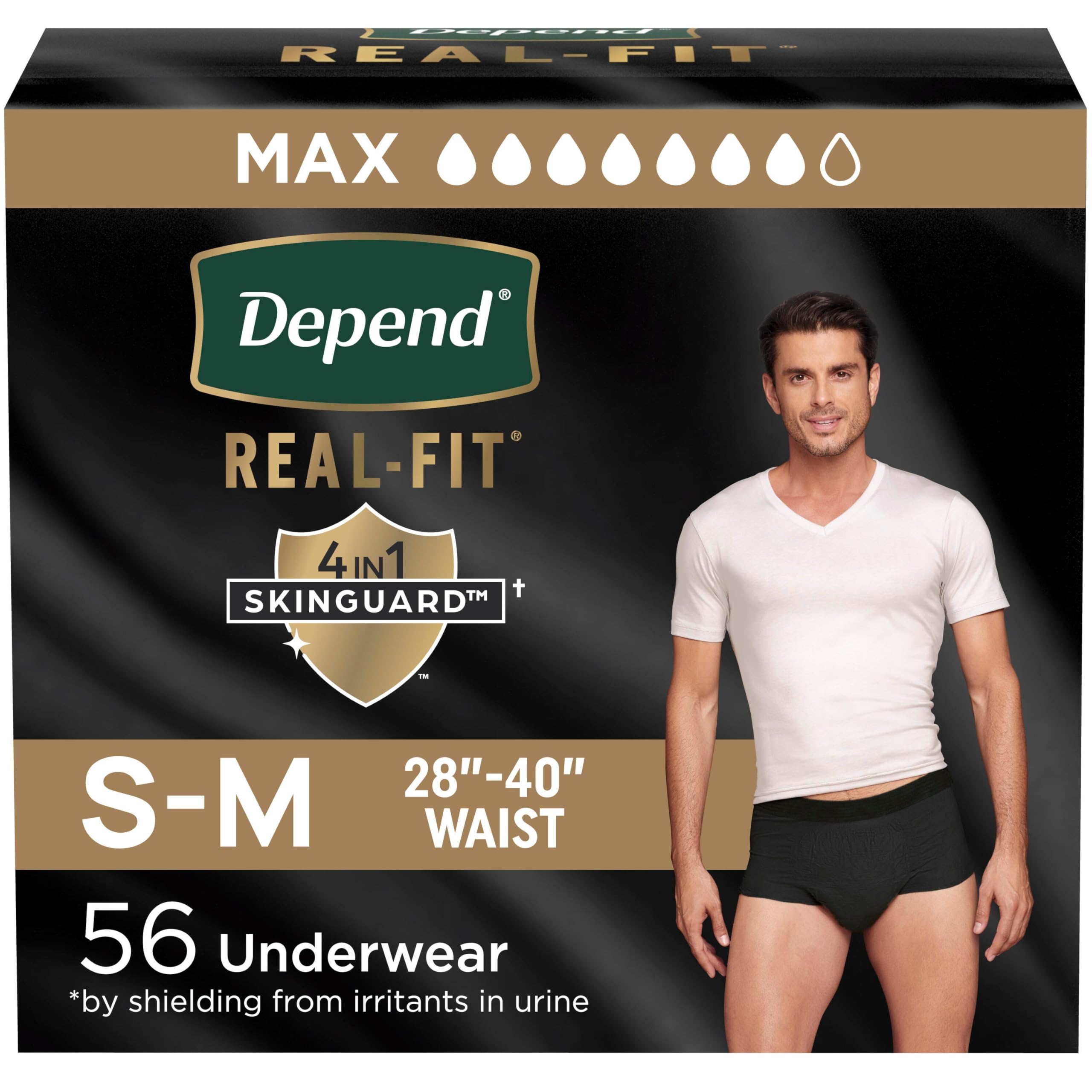 Photo 1 of ***FACTORY SEALED***Depend Real Fit Adult Diapers, Incontinence Underwear for Men, Disposable, Maximum Absorbency, Small/Medium, Black, 56 Count (2 Packs of 28), Packaging May Vary