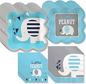 Big Dot of Happiness Blue Elephant - Boy Baby Shower or Birthday Party Tableware Plates and Napkins - Bundle for 32
