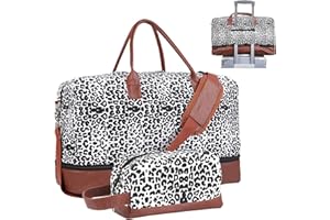 Inspack Travel Bag with Shoe Compartment for Women/Men, 45L Gym Tote Bags with Trolley Sleeve, 22x14x9 Weekender/Duffle/Carry on/Duffel/Overnight/Sports Bag（Cow Print）