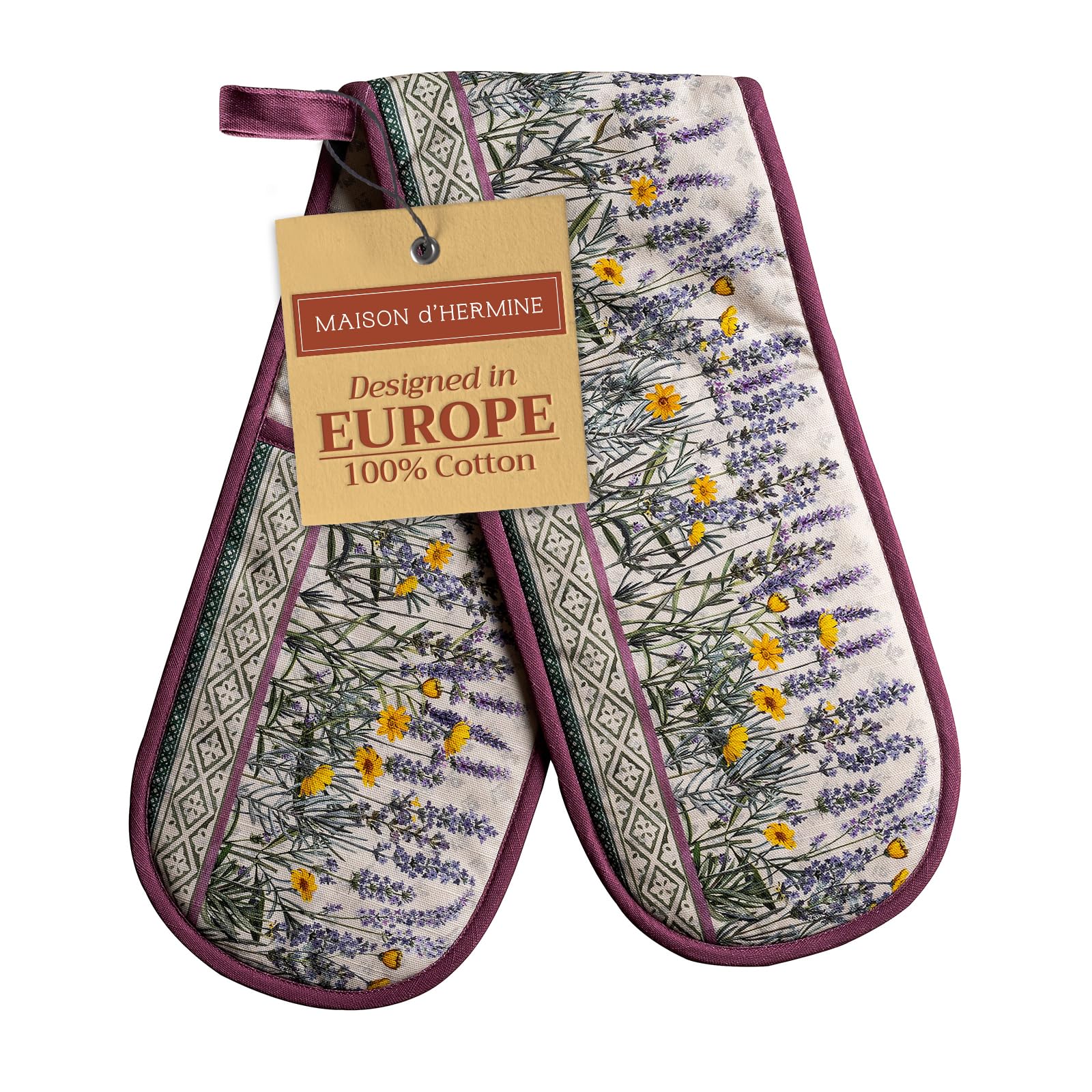 Maison d' Hermine Double Oven Mitts 100% Cotton 18 cm x 89 cm Double Oven Mitt Heat Resistant BBQ Cooking Gloves with Loop Baking Grilling Handling Hot Pans Gifts for Mothers Day (Fanny Lavender)