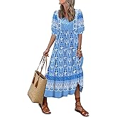 LUXVEER Women's Floral Boho Maxi Dress 2026 Summer V Neck Puff Sleeve Casual Loose Flowy Long Beach Dresses