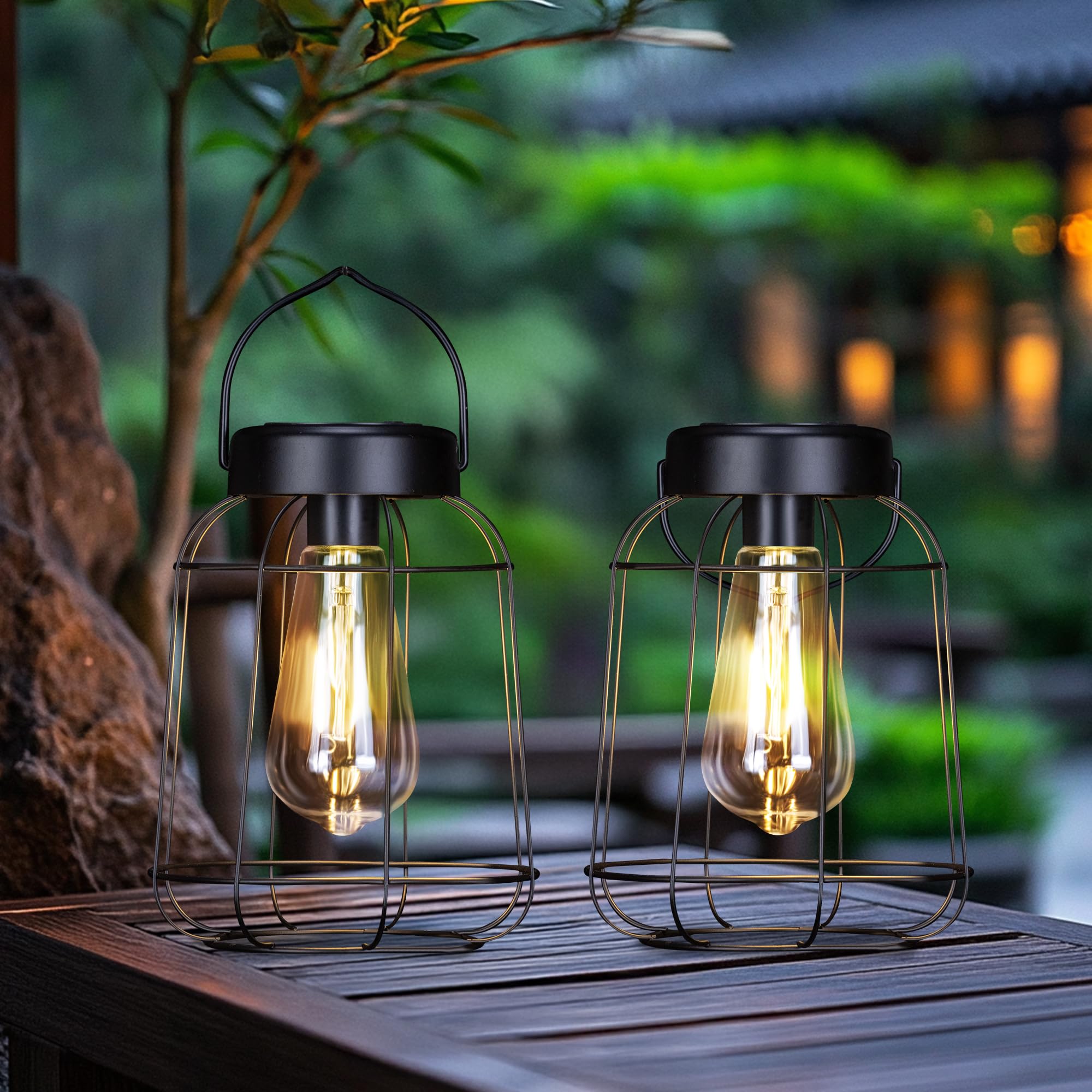 Photo 1 of FANOAULEA 2 Pack Solar Lanterns Outdoor with LED Bulbs Hanging Lights for Outside Waterproof Solar Powered Lanterns for Table Patio Porch Graden and Pathway