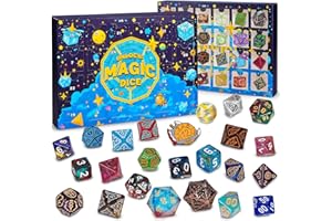 QMAY Polyhedral Dice - 24 Pcs Mystery Dice Box, Random Styles & Pins Badges, Bulk DND Dice, Dice Advent Calendar, D&D Gifts, 