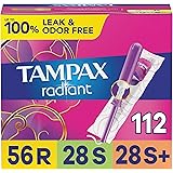 Tampax Radiant Tampons Multipack, Regular/Super/Super Plus Absorbency, With Leakguard Braid, Unscented, 28 Count x 4 Packs (1