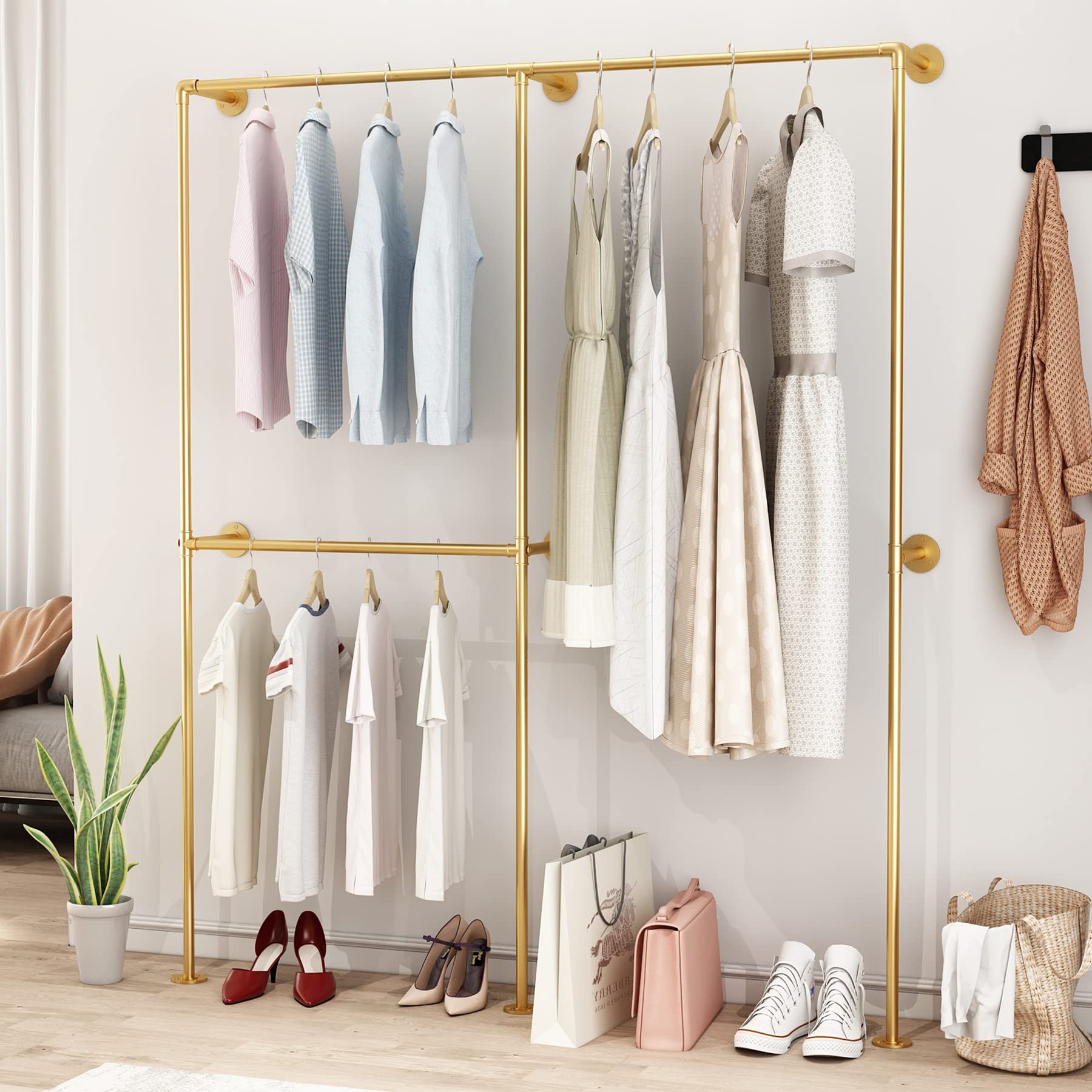 Photo 1 of **PARTS ONLY** DR.IRON Industrial Pipe Gold Clothing Racks with Double Bar, Industrial Pipe Clothes Racks Wall Mounted, Heavy Duty Gold Closet Rods for Hanging Clothes Organizer Storage