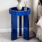 SHYFOY Blue Mirrored End Table, 23" H Round Glass Side Table with 3 Legs | Blue Mirrored Finish, Three-Leg Support, MDF Core, Tray-Style Round Top, Sofa Or Living Room Accent