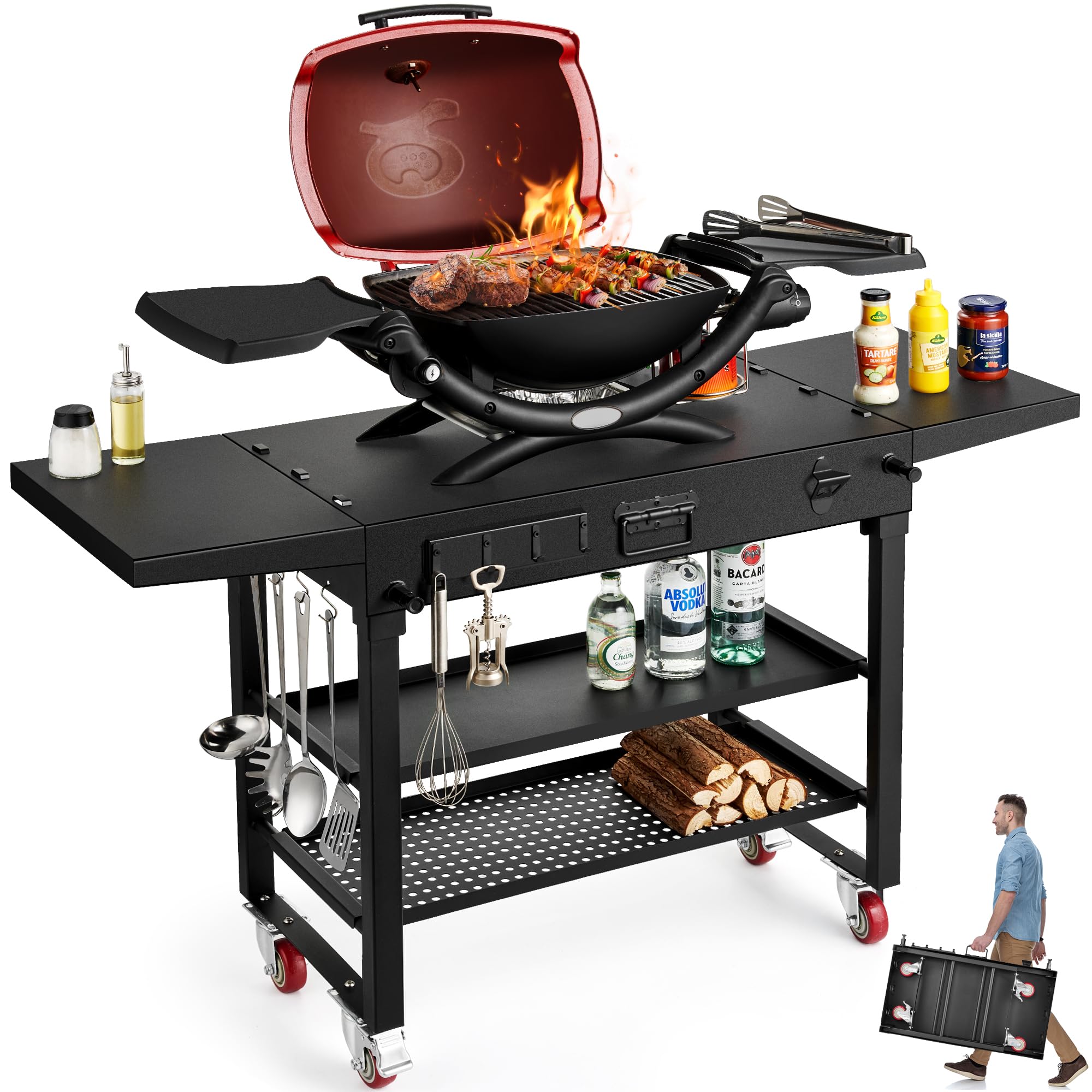 Photo 1 of **MINOR BEND AND DENT DAMAGE **Upgraded 3-Shelf Outdoor Grill Table Cart - 54" W x 17" D Portable Grill Cart with Wheels, Folding Pizza Oven Table, BBQ Prep Table Griddle Stand Fits for 17”22” Griddle, Grill and Pizza Oven