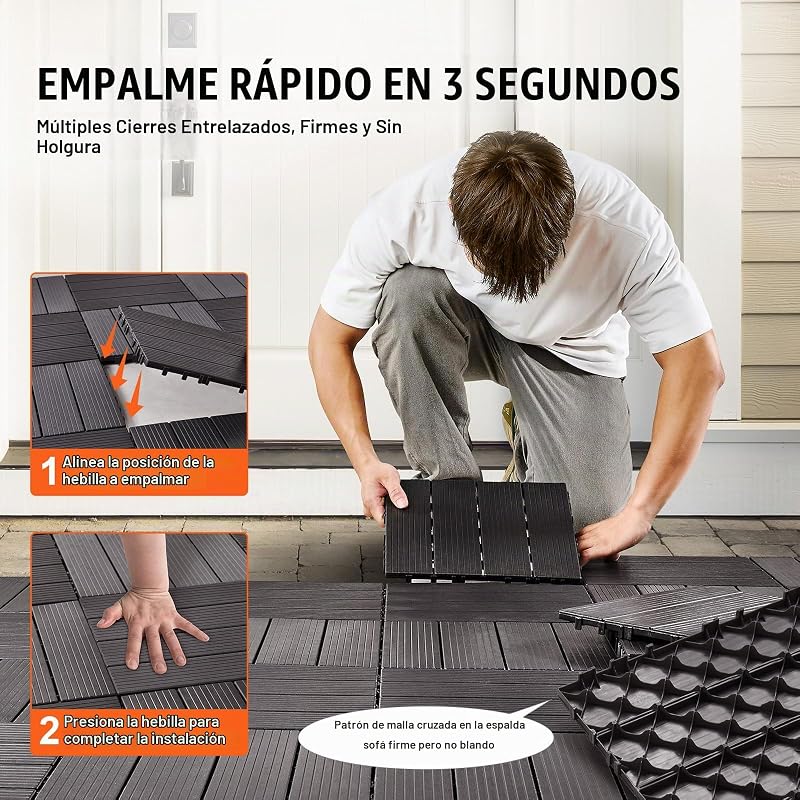 Azulejos entrelaçados para terraço, em conjunto de 36, 300 x 300 x 20 mm, plásticos, resistentes à água, para uso em todos os tipos de climas, para terraços, varandas, piscinas, varandas, castanho-escuro