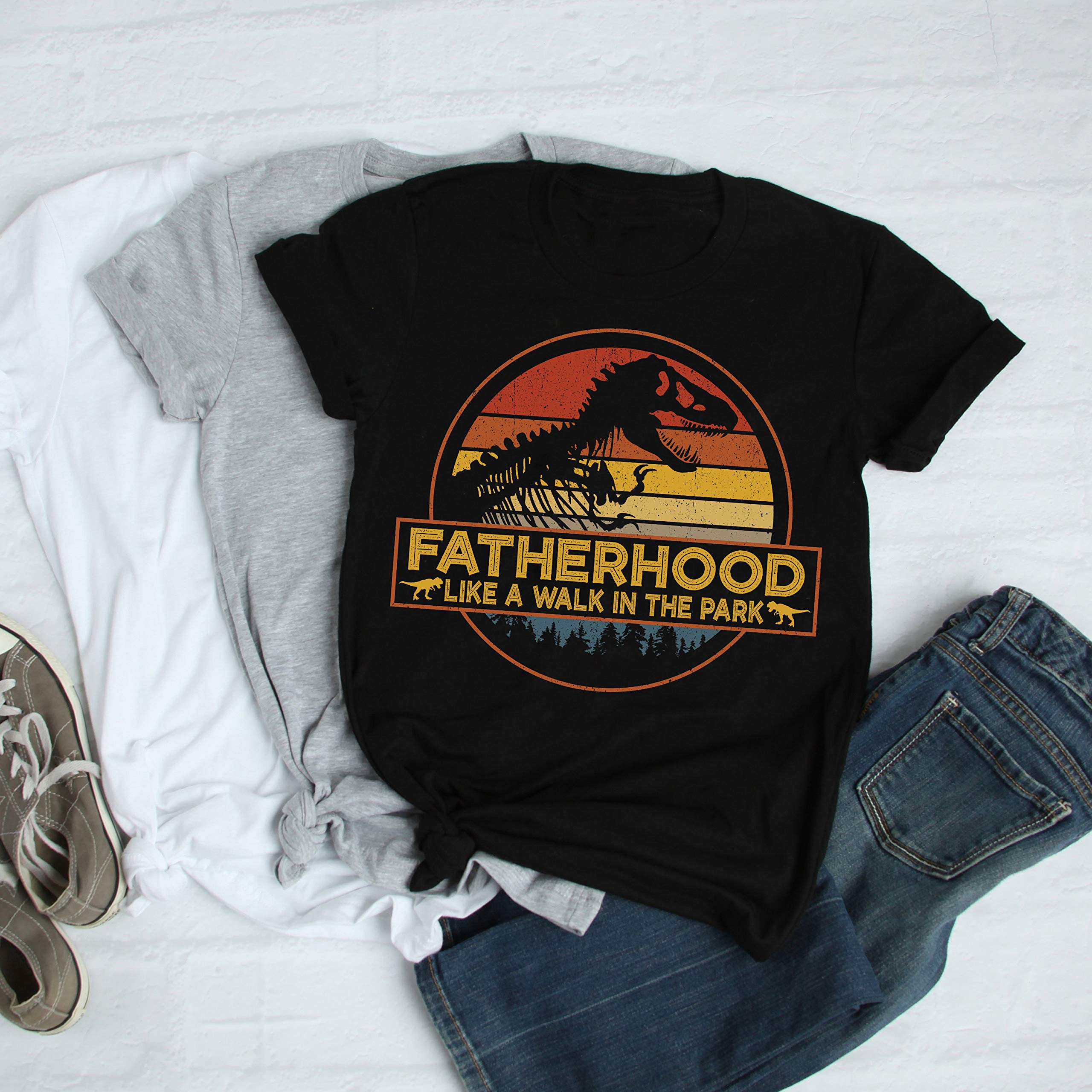 Fatherhood Like A Walk In The Park T-shirt Dad Retro Sunset Shirt, Dinosaurs Like T-rex Sh