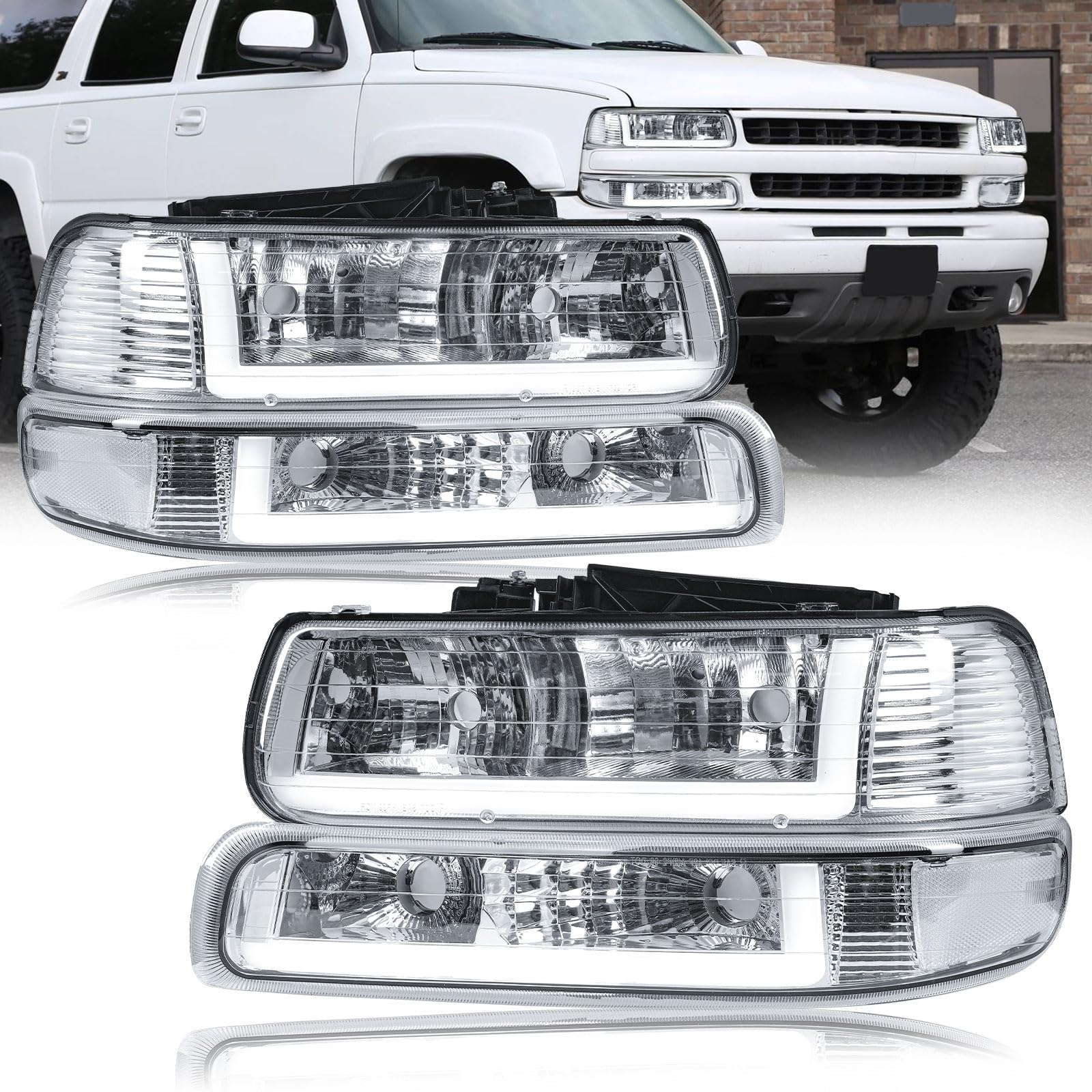 Photo 1 of ***ONE HEADLIGHT-DAMAGED -SELLING AS IS*** Fullux LED DRL Headlights Assembly for 1999-2002 Chevy Silverado 1500 2500 1500HD 2500HD 3500HD 2000-2006 Suburban Tahoe Headlamp Clear Reflector Chrome Housing