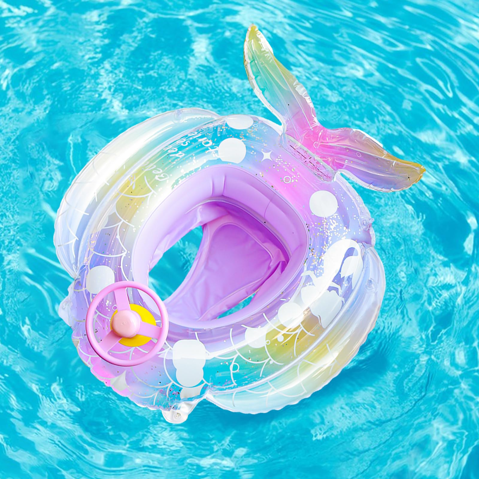 Balakaka Baby Swimming Float 70×75 cm, Inflatable Baby Swimming Ring with Safety Seat& Steering Wheel, Fun Water Toys Outdoor Toys for Age 1-5 Years Kids, Dream mermaid