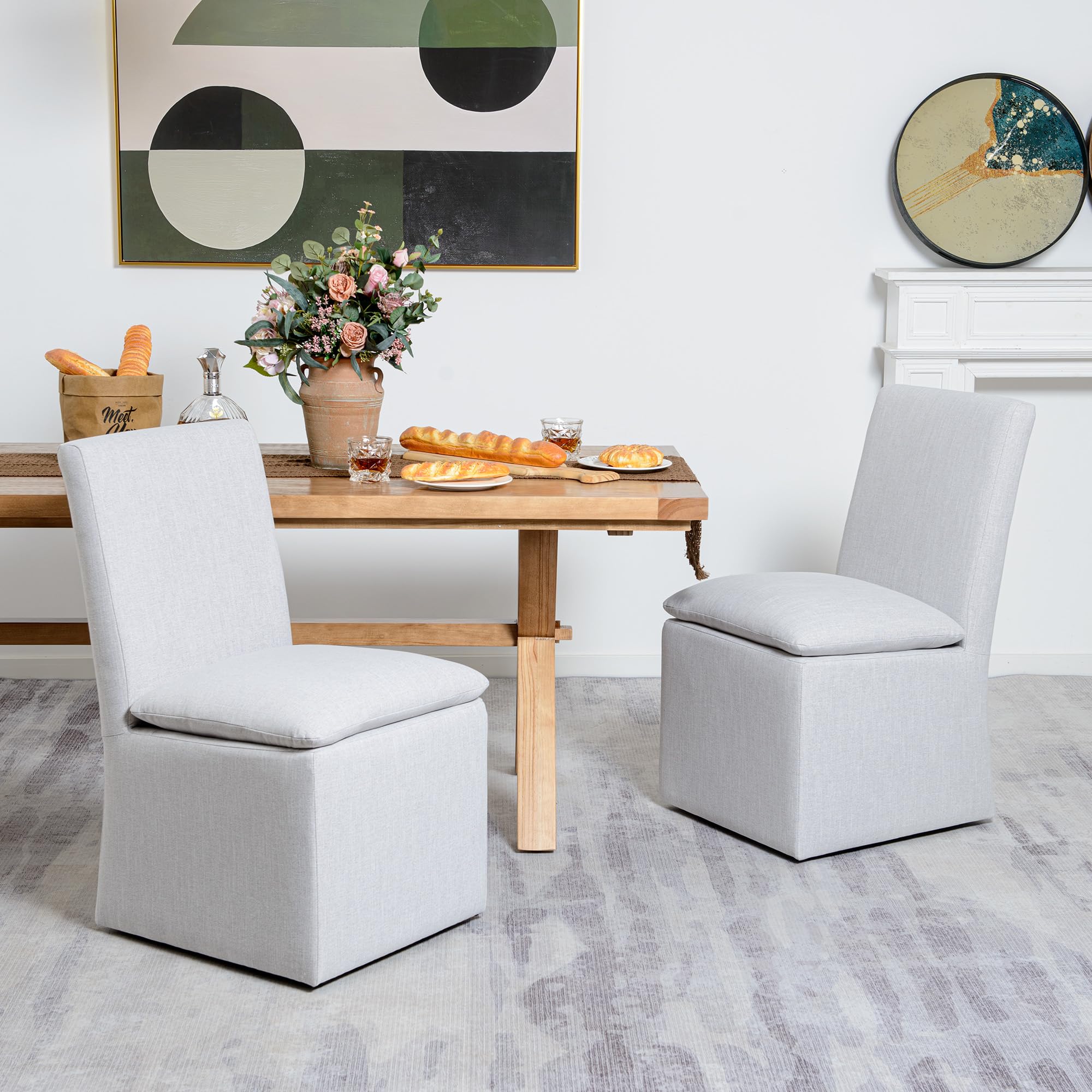 Photo 1 of KINWELL 21" Wide Dining Chairs with Casters Set of 2, No Assembly Modern Armless Performance Fabric Upholstered Rolling Side Chairs for Kitchen Dining Room Living Room (Light Gray)