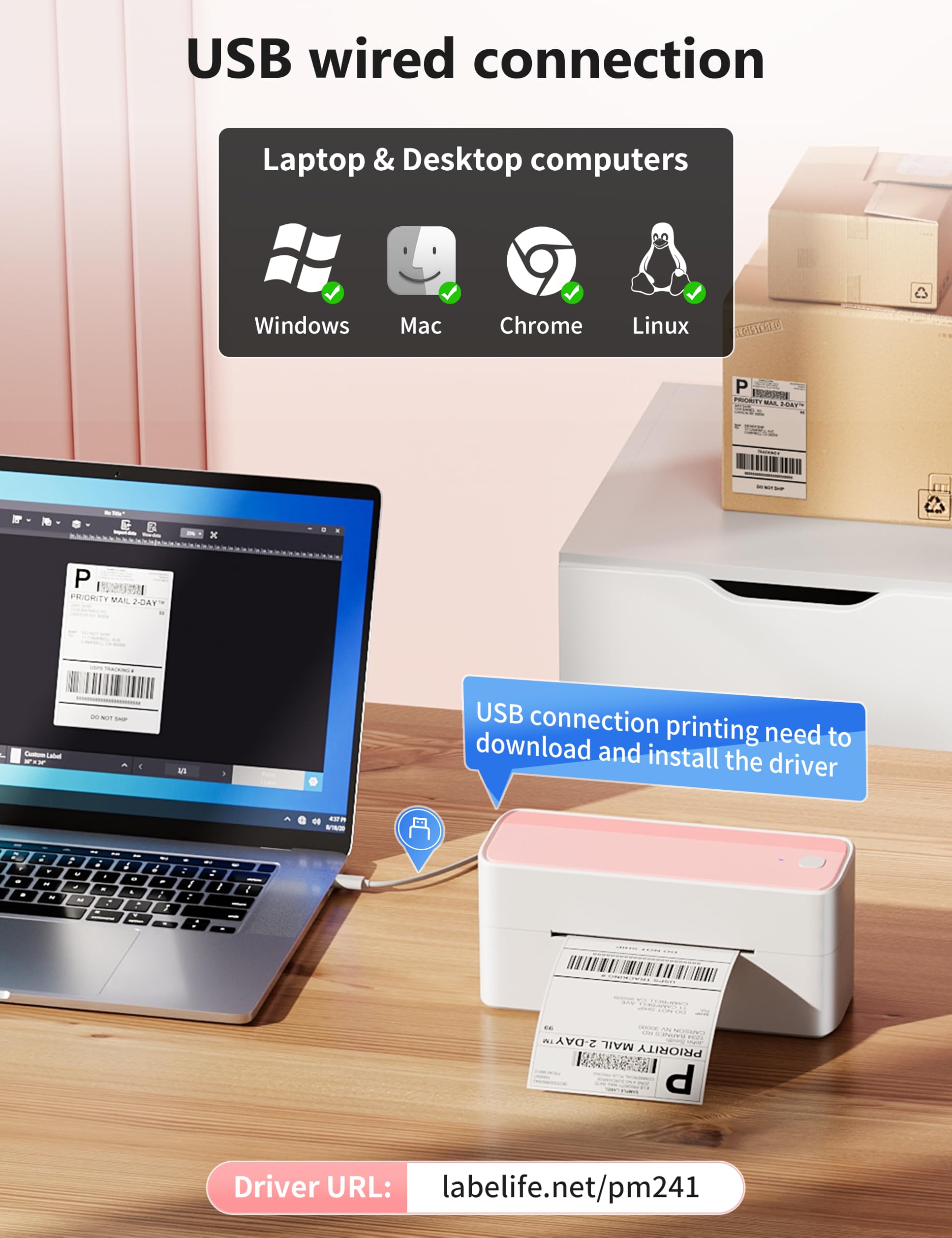 Phomemo Bluetooth Thermal Label Printer, 241BT 4X6 Wireless Shipping Labels Printer for Small Business, Pink Label Printers for Shipping Package, Compatible with iPhone, Android, Amazon, Shopify, USPS
