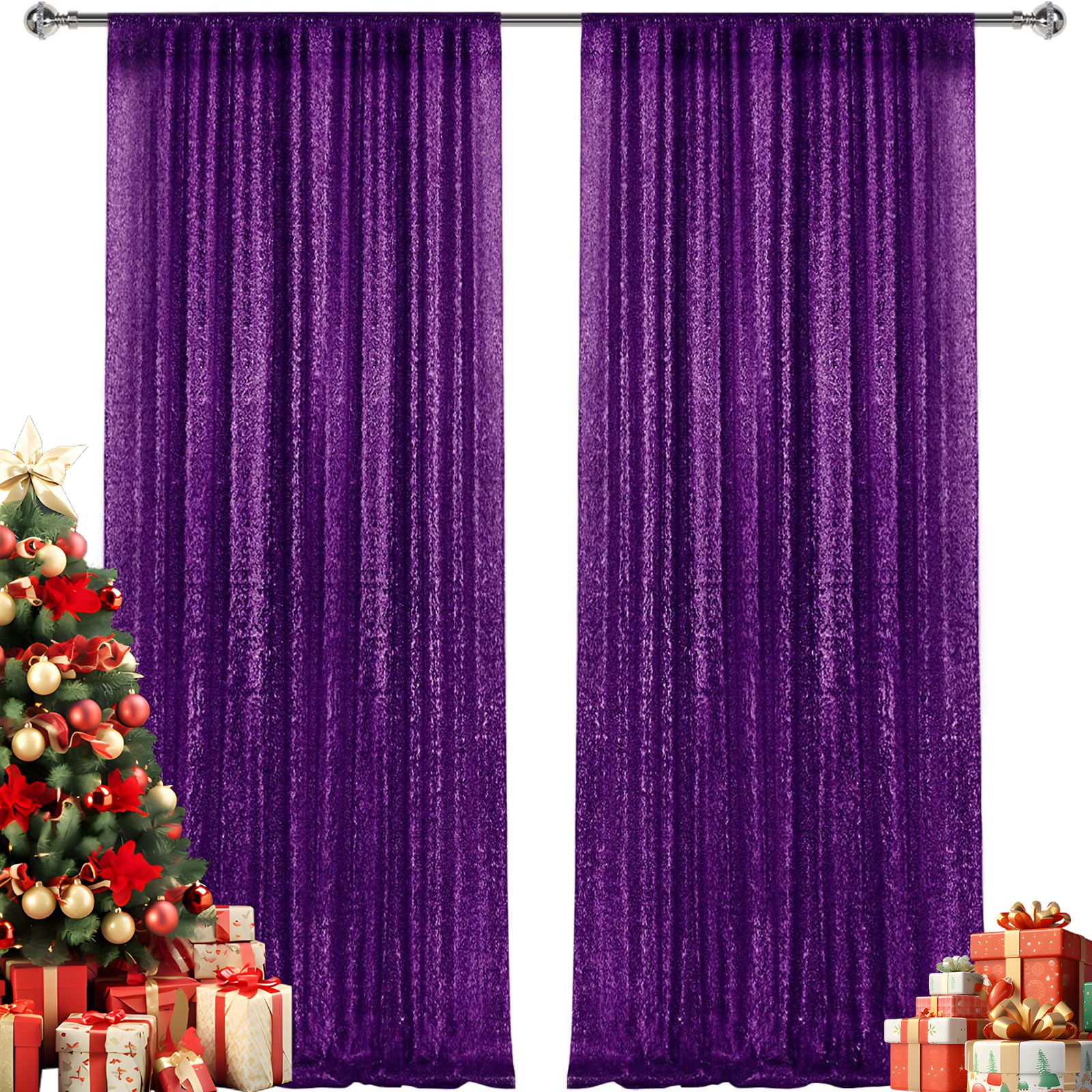 Photo 1 of 2×8FT-2PCS Purple Sequin Backdrop Curtains Panels, Photography Backdrop Glitter Curtains Fabric Background for Christmas Wedding Party Decor