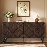 AMERLIFE 63" Solid Wood Buffet Cabinet with Hand Carved Doors, Dark Walnut | Acacia Wood Sideboard, Storage Cabinet with Adjustable Shelves, Mid Century Modern Style, Fit for Kitchen, Living Room