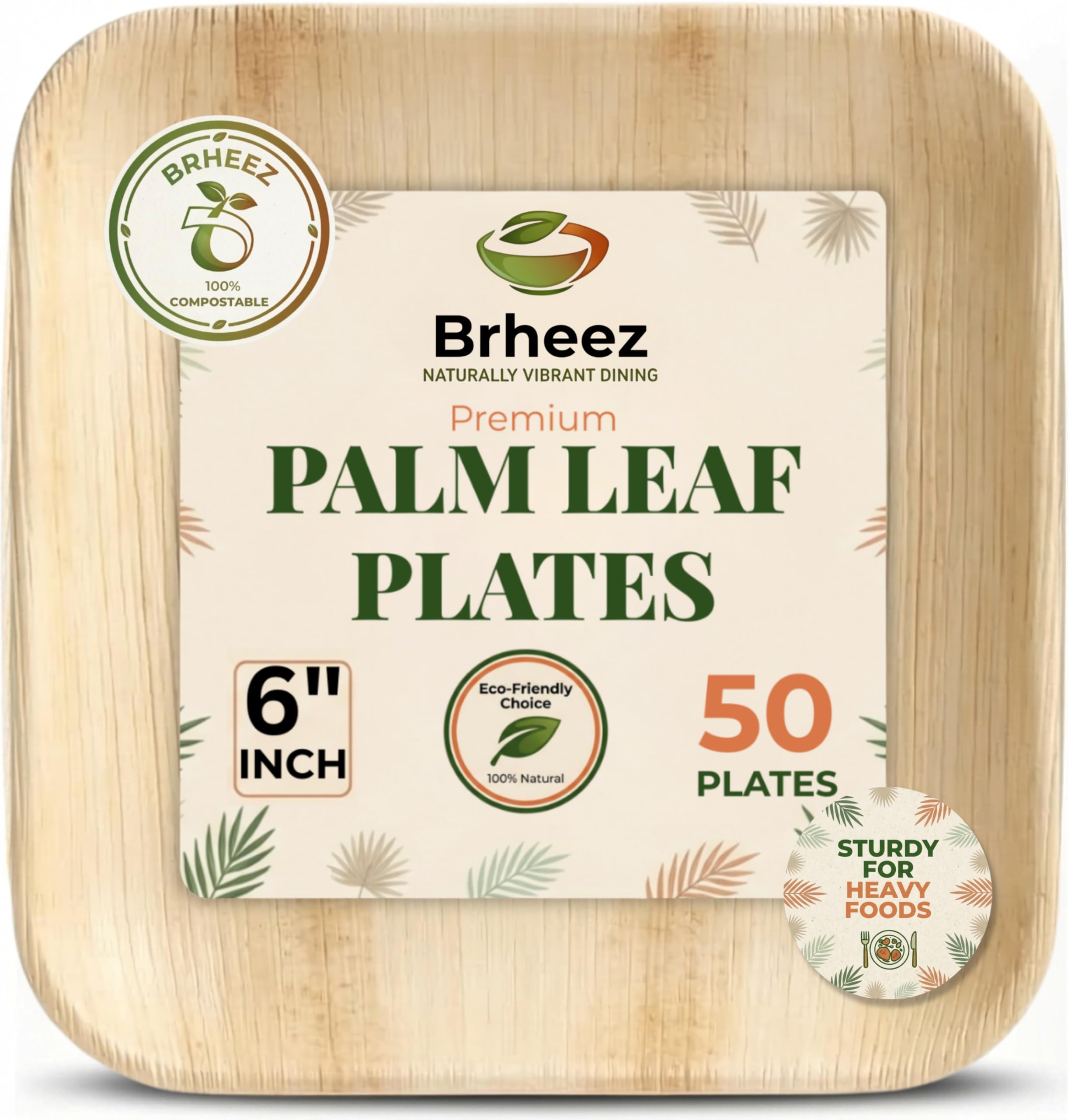 Brheeze 6 Inch Bamboo Plates from Palm Leaf (50 Pack) | Eco Friendly Compostable Biodegradable Disposable Appetizer Plates | Heavy Duty Wooden Plate Alternative to Plastic & Paper Party Plates Image