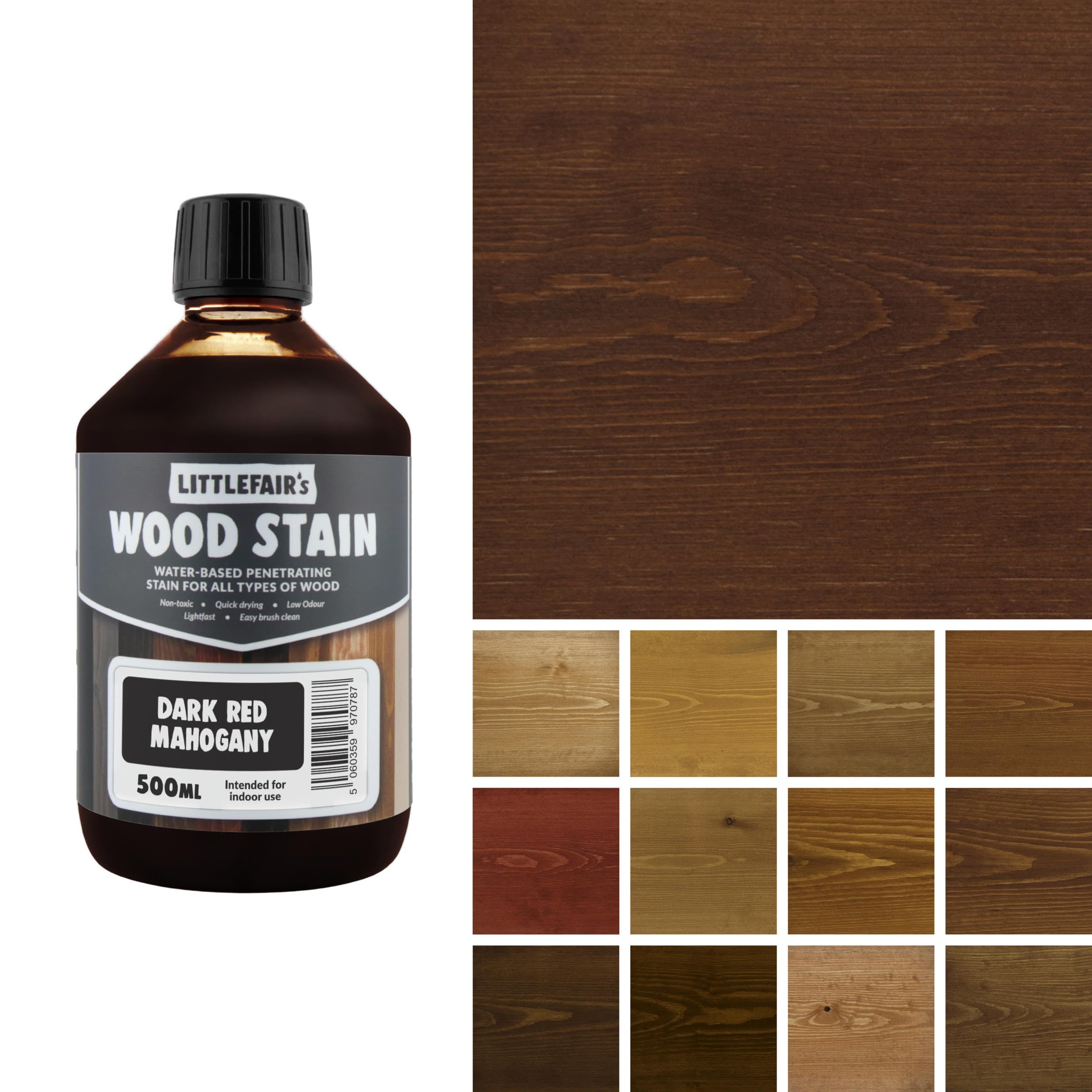 Littlefair's Wood Stain Water-Based - (Dark Red Mahogany) – Non-Toxic, Eco-Friendly & Quick Drying - Easy-to-Apply, Concentrated Formula for All Wood Types – 500ml