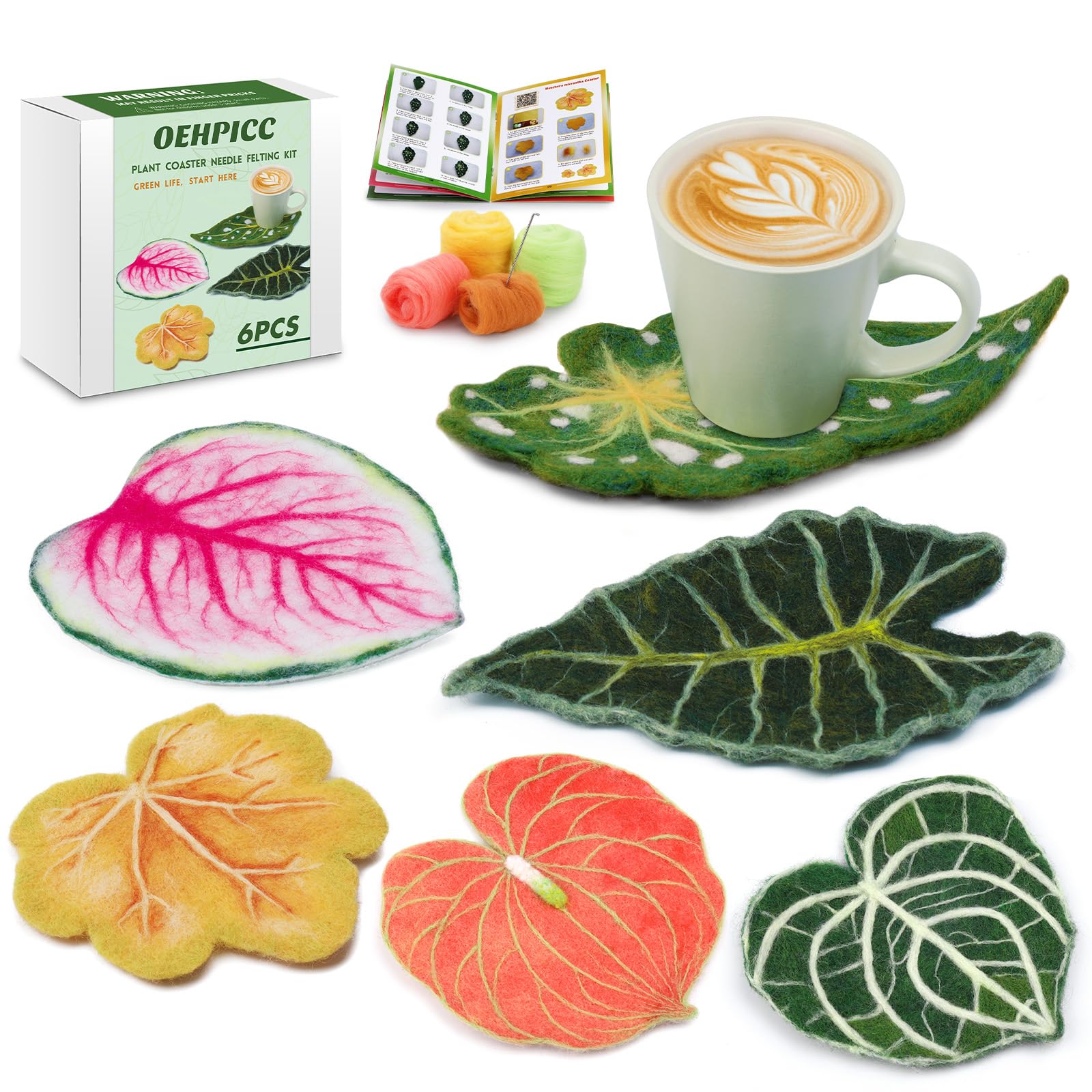 Photo 1 of OEHPICC Needle Felting Kit, 6 Pcs Plant Leaf Coasters Needle Felting Starter Kit,Wool Felting Kit with Wool Roving, Foam Pad and Instructions for DIY Felting Starters