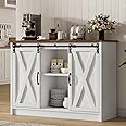 4 EVER WINNER Farmhouse Coffee Bar with Sliding Barn Doors, 42”Coffee Bar Cabinet with Adjustable Shelves for Kitchen, Buffet Cabinet with Storage for Dining Room, White