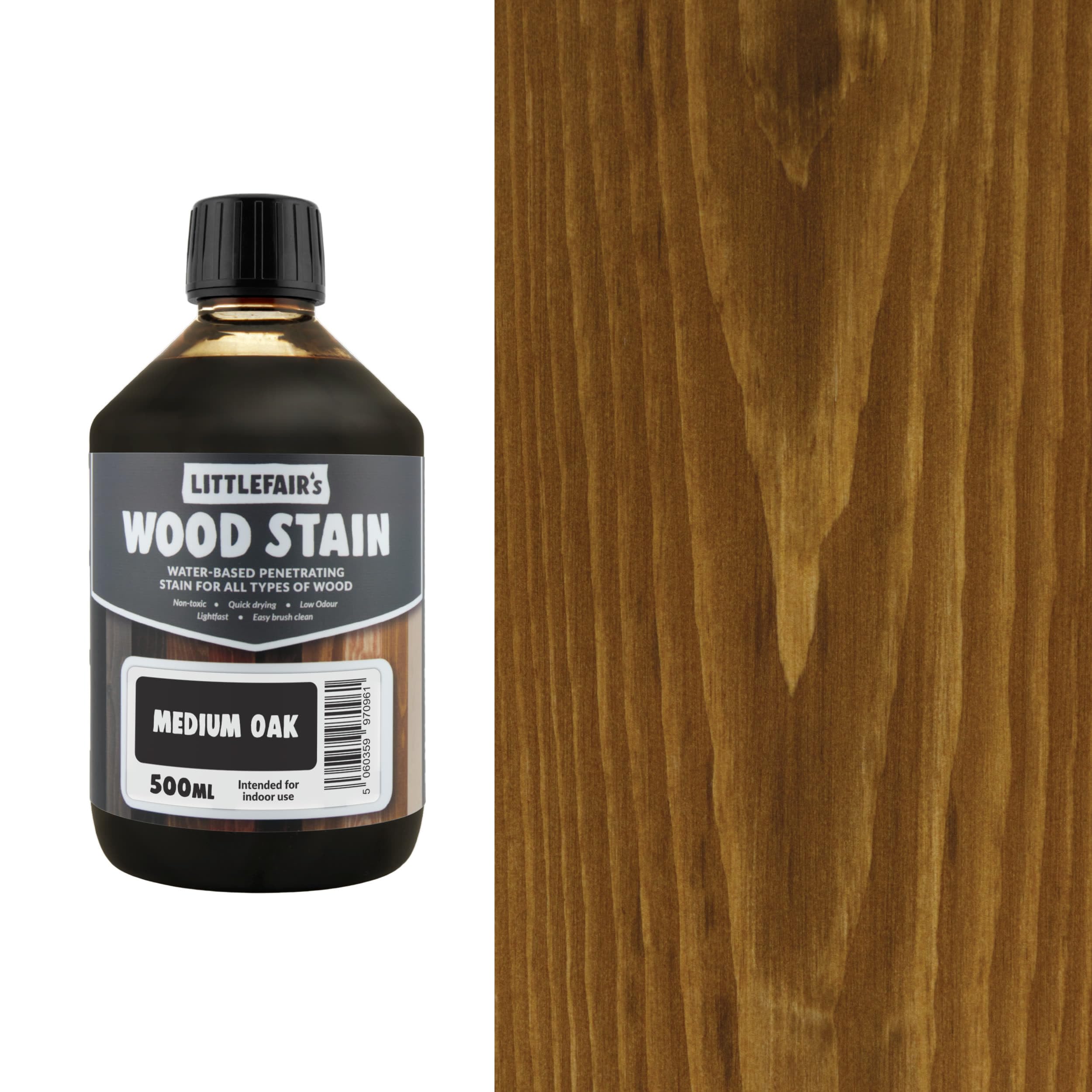 Littlefair's Wood Stain Water-Based - (Medium Oak) – Non-Toxic, Eco-Friendly & Quick Drying - Easy-to-Apply, Concentrated Formula for All Wood Types – 500ml
