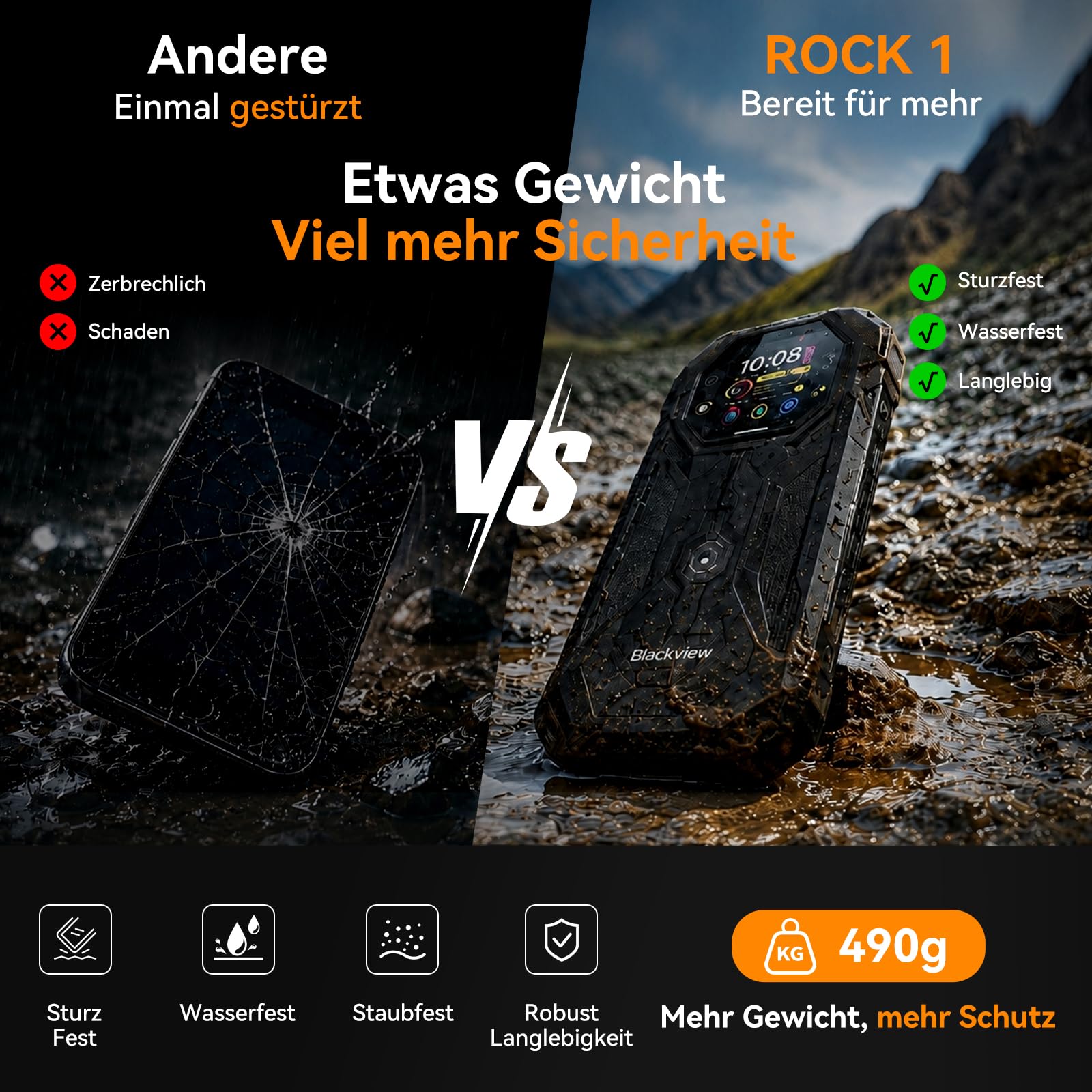 Blackview Rock 1 Android 16 Outdoor Handy für Baustelle &Camping, 15000mAh Dual-Screen Smartphone Ohne Vertrag, 20MP Nachtsicht,IP69K Wasserdicht, 24GB+256GB,Gemini AI/NFC/3 Jahre Garantie 3