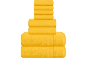 Belizzi Home 8 Piece Towel Set 100% Ring Spun Cotton, 2 Bath Towels 27x54, 2 Hand Towels 16x28 and 4 Washcloths 13x13 - Ultra Soft Highly Absorbent Machine Washable Hotel Spa Quality - Yellow