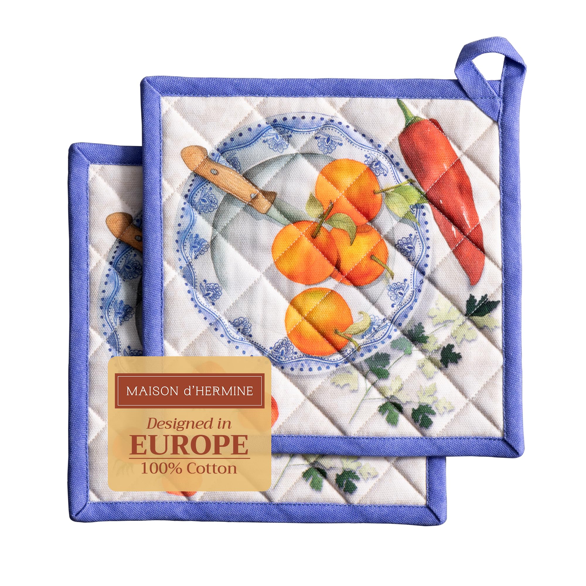 Maison d' Hermine Pot Holders Set 100% Cotton Heat Resistant Potholders 20 cm x 20 cm Hot Pads with Loop for BBQ Cooking Baking Handling Hot Pans Gifts for Mothers Day (Pack of 2, Gourmand)