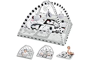 MORABLOOMY 8-in-1 Baby Play Mat, Black and White Tummy Time Mat with Sensory Toys for Babies and Tummy Time Pillow Baby Play Gym Activity Mat for Newborn Infant 0-3-6-9-12 Months Easy to Install