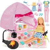 35 Pcs Girl Doll Travel Camping Tent Playset Include Doll Tent Casual Outfits Dress Picnic Mat Telescope Campfire and Food Sets Shoes Glasses Camping Accessories for 11.5 Inch Girl Dolls for Kids